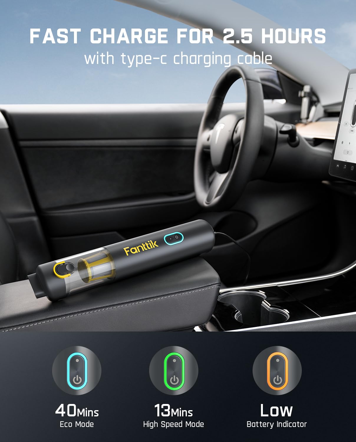 Fanttik V8 Apex Car Vacuum - 4-in-1 Portable Cordless Vacuum, 19000pa Suction, Type-C Charge, Handheld, Gray
