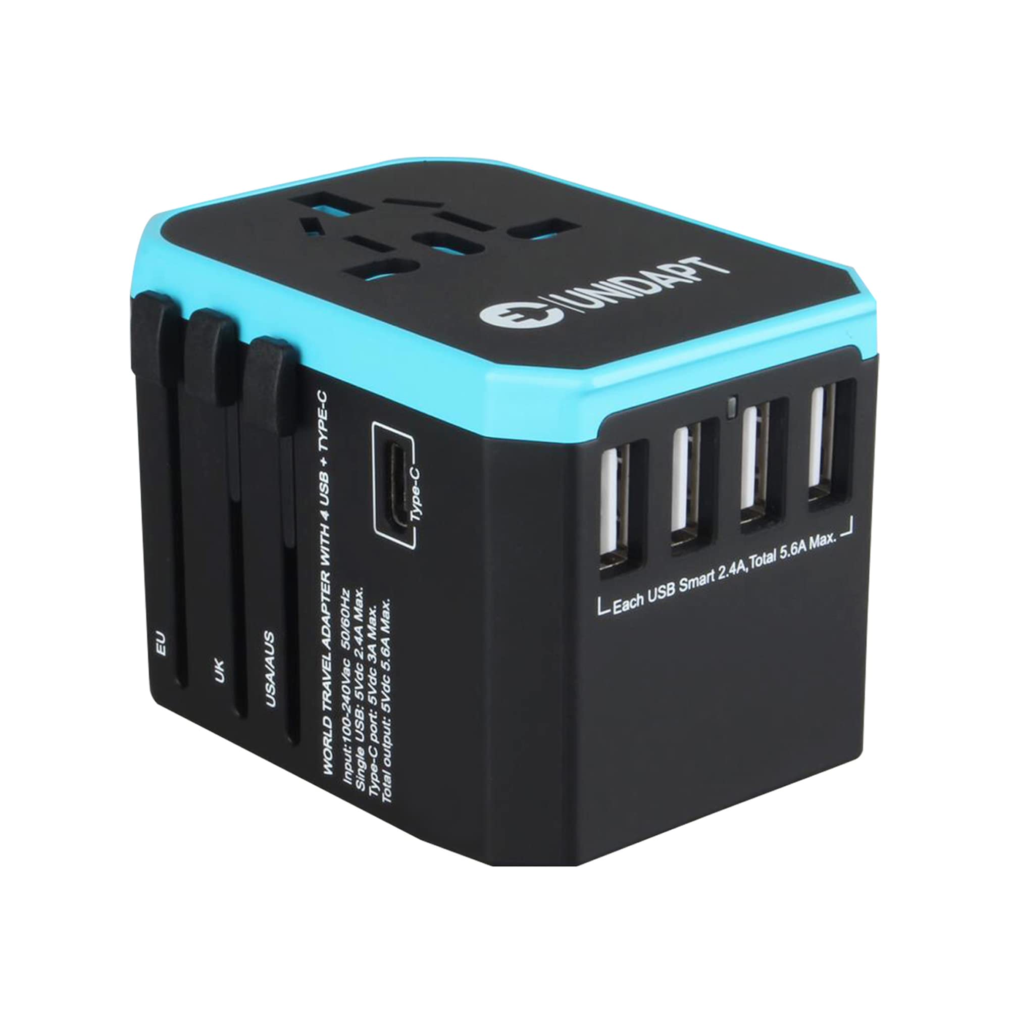 Unidapt Universal Travel Adapter One International Wall Charger Ac Plug Adaptor With 5.6A Smart Power And 3.0A Usb Type C For Usa Eu Uk Aus (Ua 101, Blue)