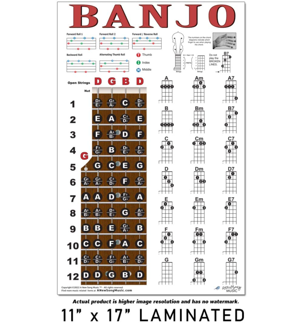 Laminated Banjo Poster - Chords Rolls Fretboard Notes - Open G Tuning 11X17 Easy Beginner Instructional Chart By A New Song Musi
