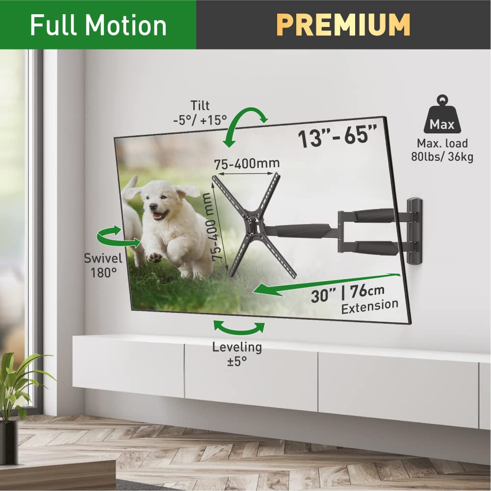Barkan 30'' Long Tv Wall Mount, 13 65 Inch Full Motion Articulating   4 Movement Flat/Curved Screen Bracket, Holds Up To 80Lbs, Extremely Extendable, Fits Led Oled Lcd