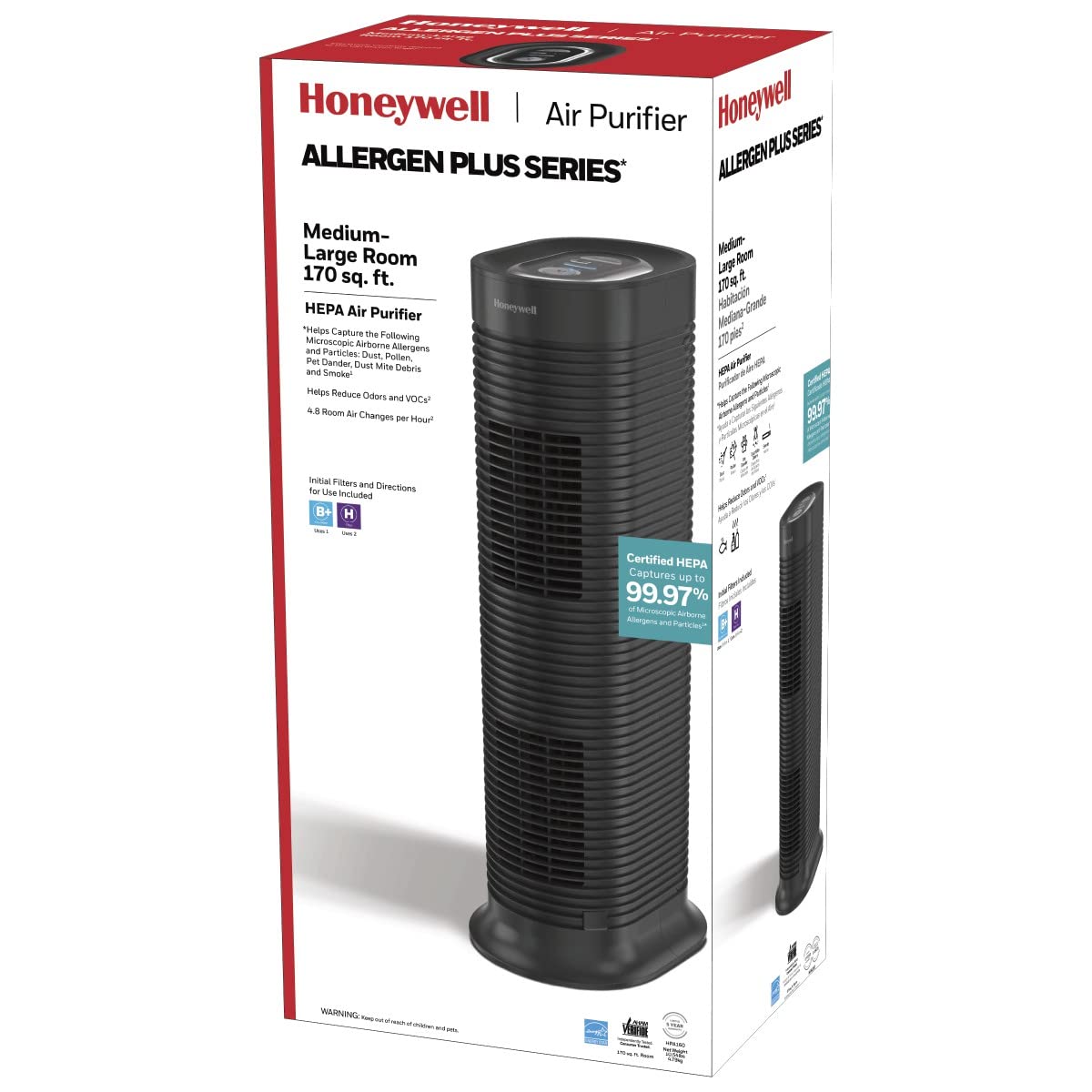 Honeywell Allergenplus Hepa Tower Air Purifier, Allergen Reducer For Medium Large Rooms (170 Sq Ft), Black   Wildfire/Smoke, Pol
