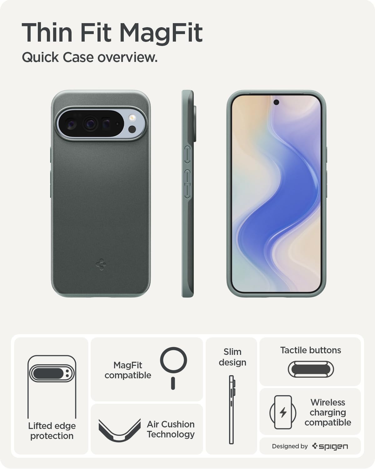 Spigen For Pixel 10 Pro Xl Case, Thin Fit Magfit (2025) [Designed For Pixelsnap, Compatible With Magsafe Accessories] - Sage Gre