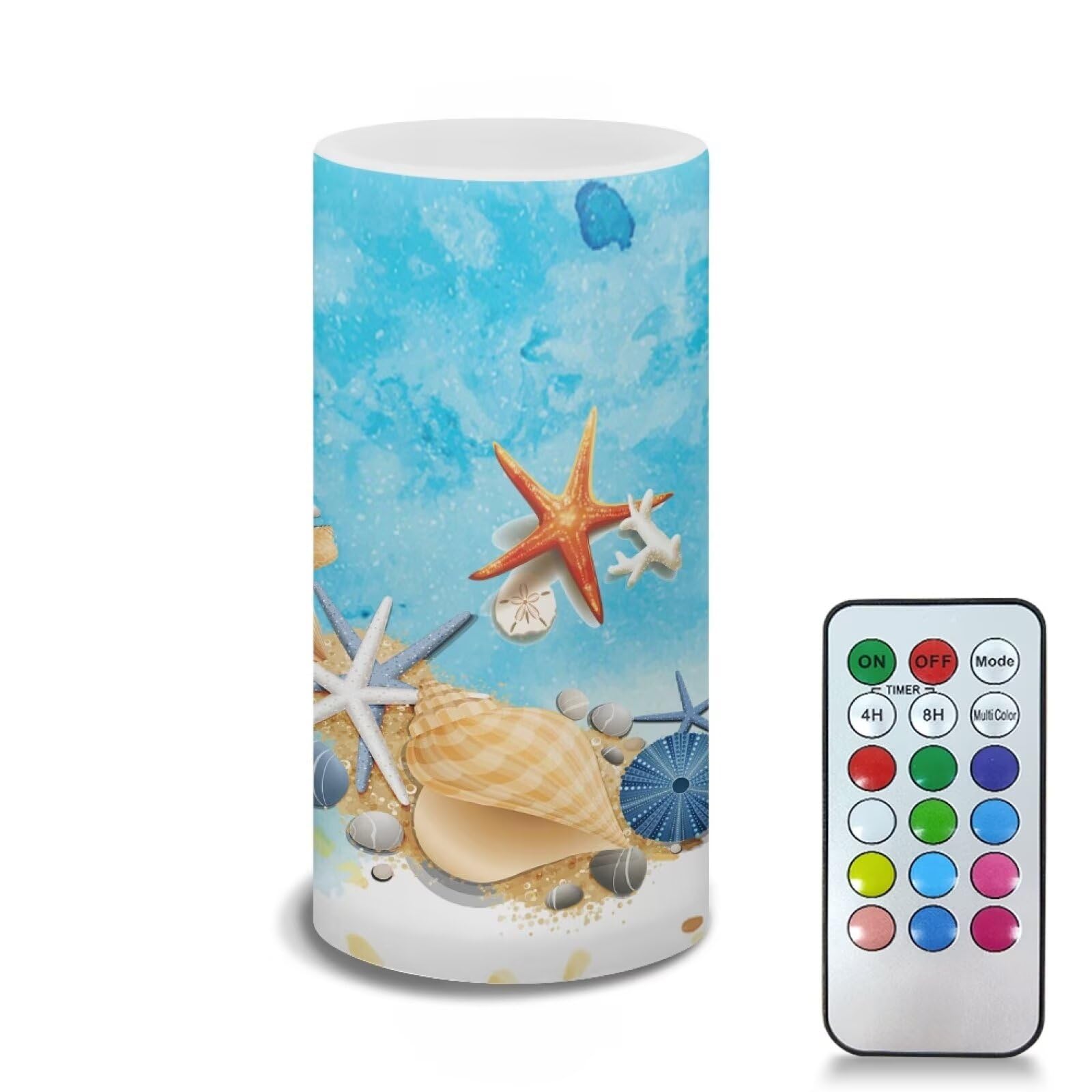 Poceacles Beach Starfish Conch Blue Flameless Candle Battery Powered with Remote Control 12 Colors 4/8 Hours Timer LED Night Lig