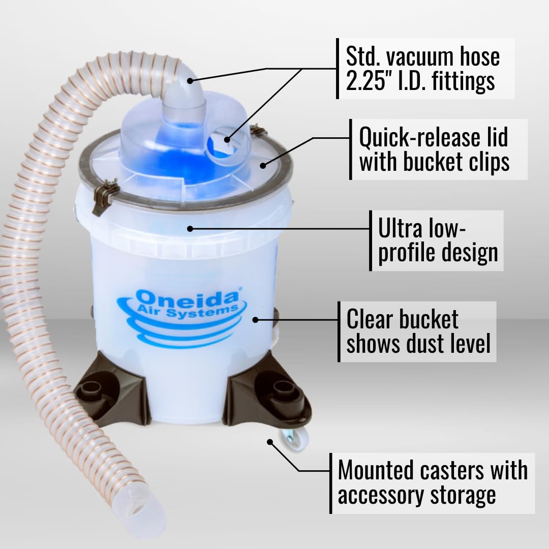 Oneida Dust Deputy Low Pro Deluxe Lid Dust Separator Kit With See Through 5 Gallon Clear Bucket & Casters For Wet/Dry Vacuums