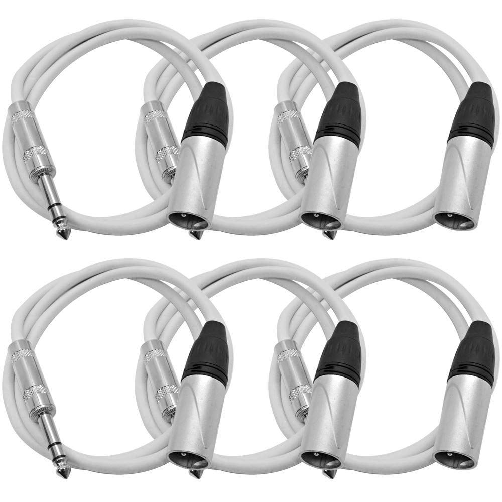 Seismic Audio - SATRXL-M3White-6Pack - 6 Pack of 3 Foot White XLR Male to 1/4 Inch TRS Patch Cables- 3 Professional Audio Balan