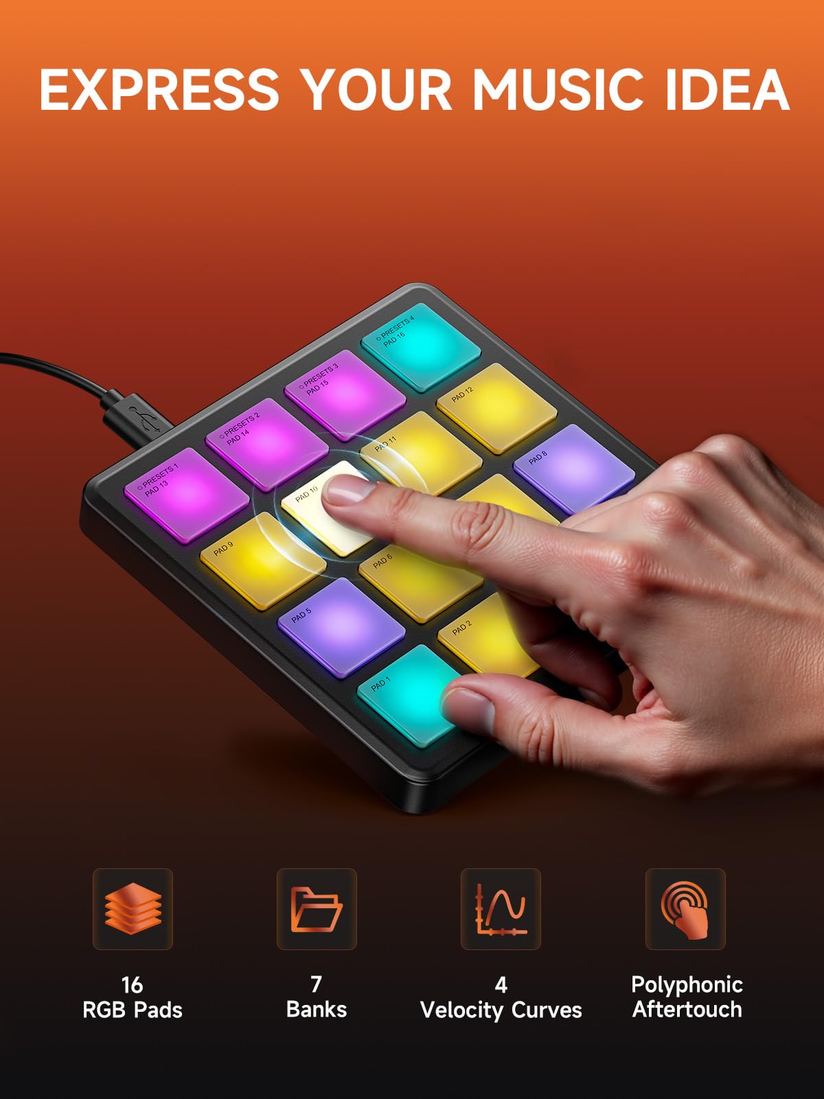 Donner Midi Controller Pad Beat Maker Machine, Portable Drum Machine With 16 Beat Pads,Note Repeat And Music Production Software