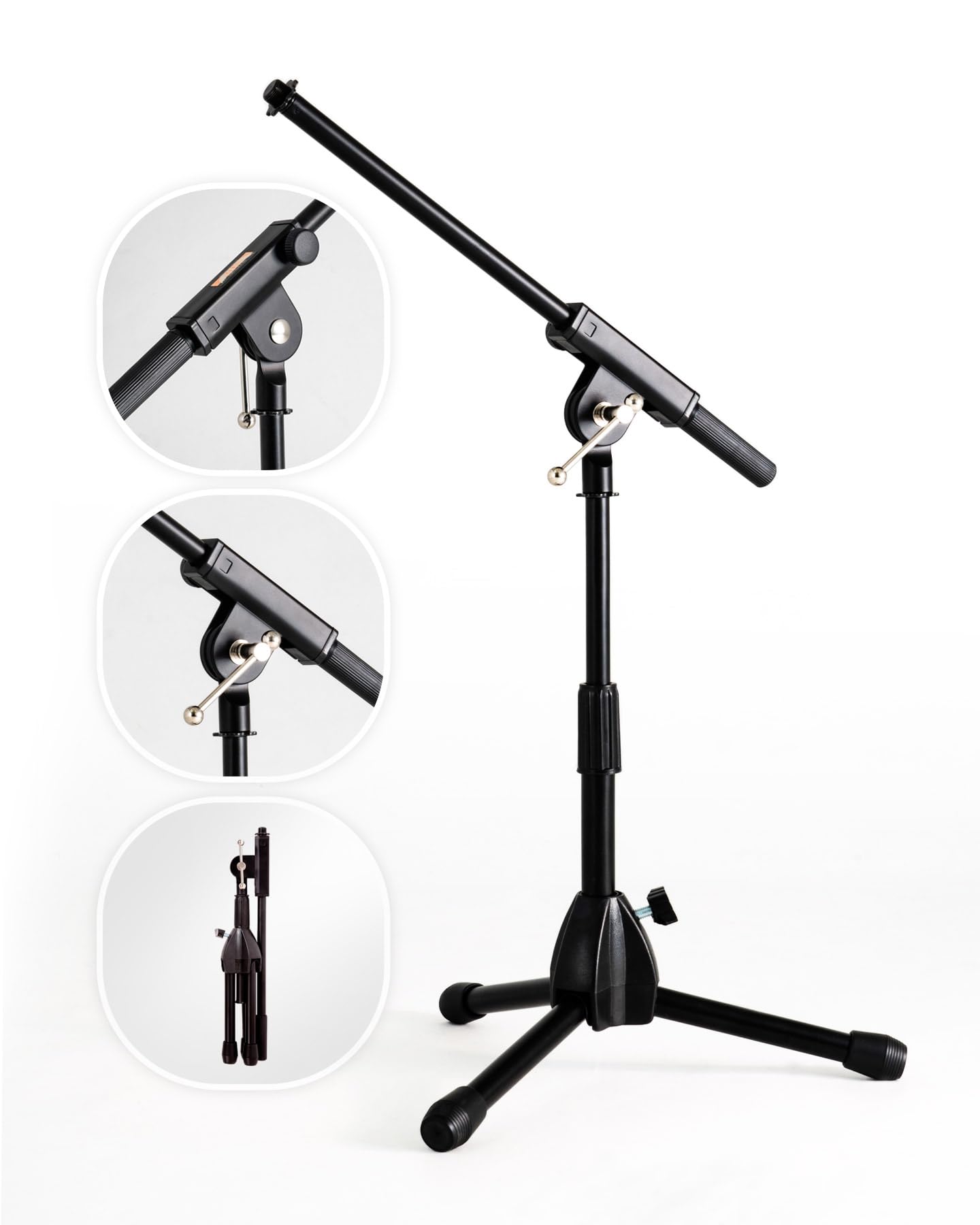 Stage Rocker Foldable Tripod Low-Profile Mic Boom Stand - Height Extending from 9.6 to 16.9, w/Adjustable Telescoping Arm Up