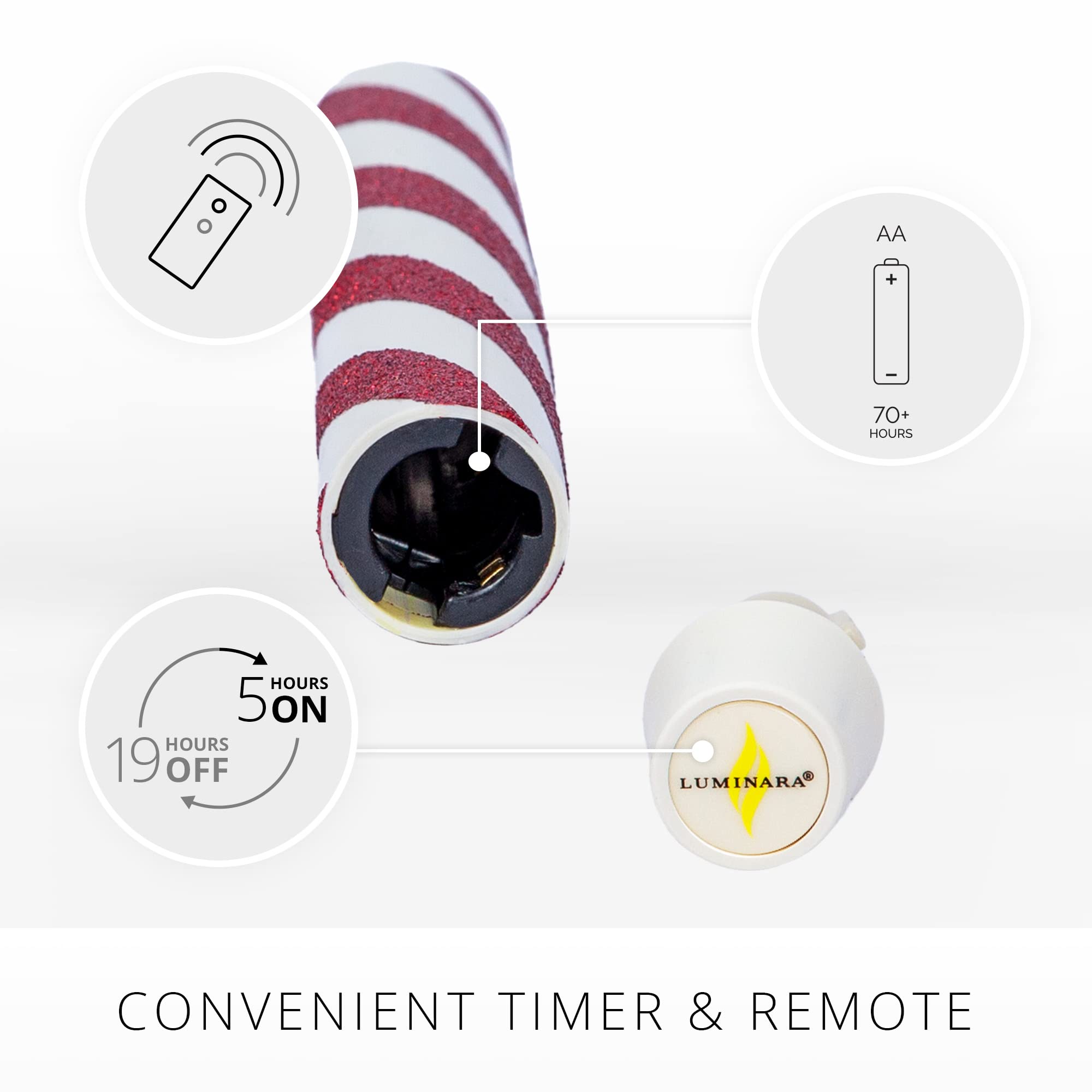 Luminara Set Of 2 Moving Flame Led Taper (1X9.75), Flameless Candle, Melted Edge, Smooth Wax, Unscented (Candy Cane Red)