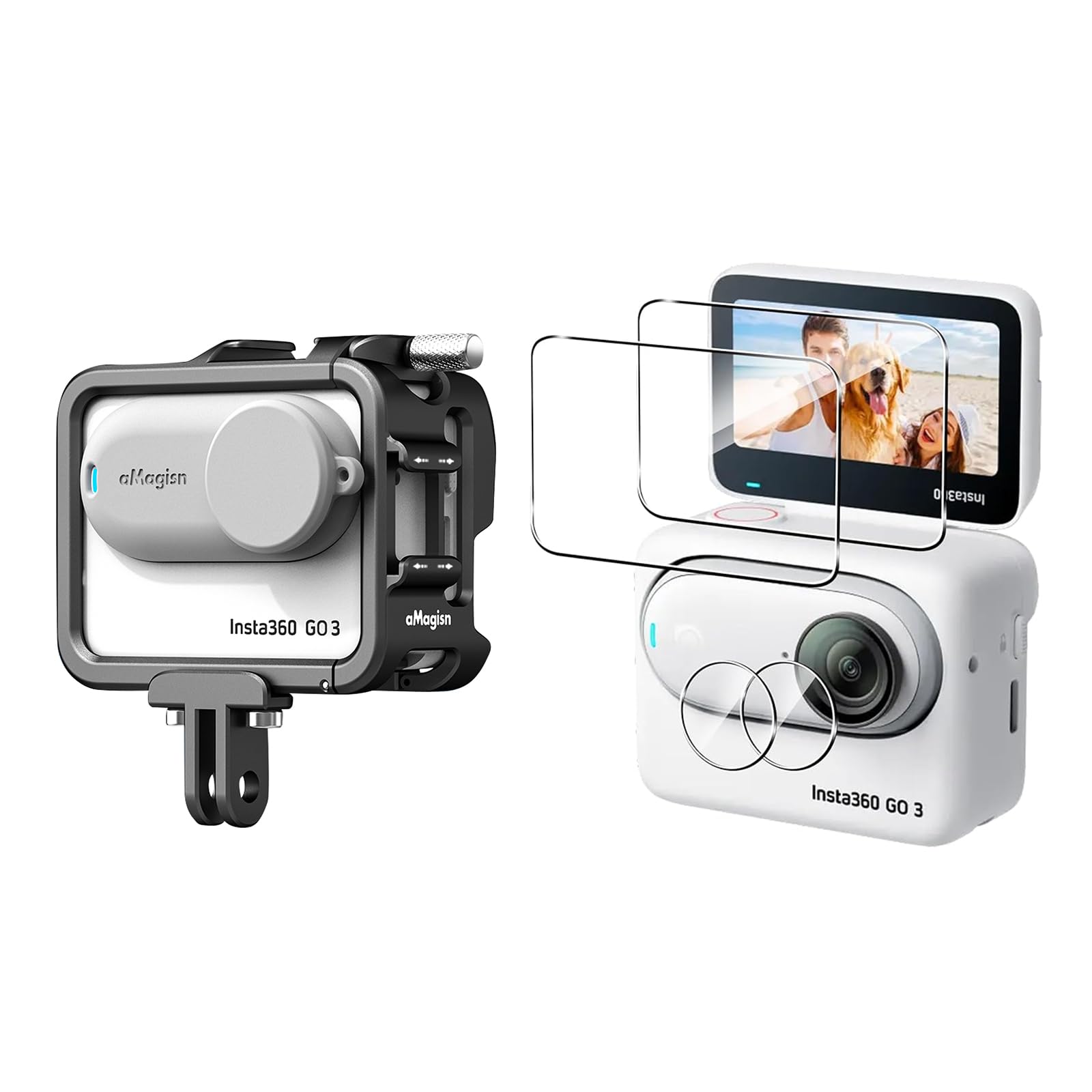 Rszfnjxry Aluminum Frame Cage With Lens Silicone Corver Case And Screen Protector For Insta360 Go 3,Metal Protective Durable Hou