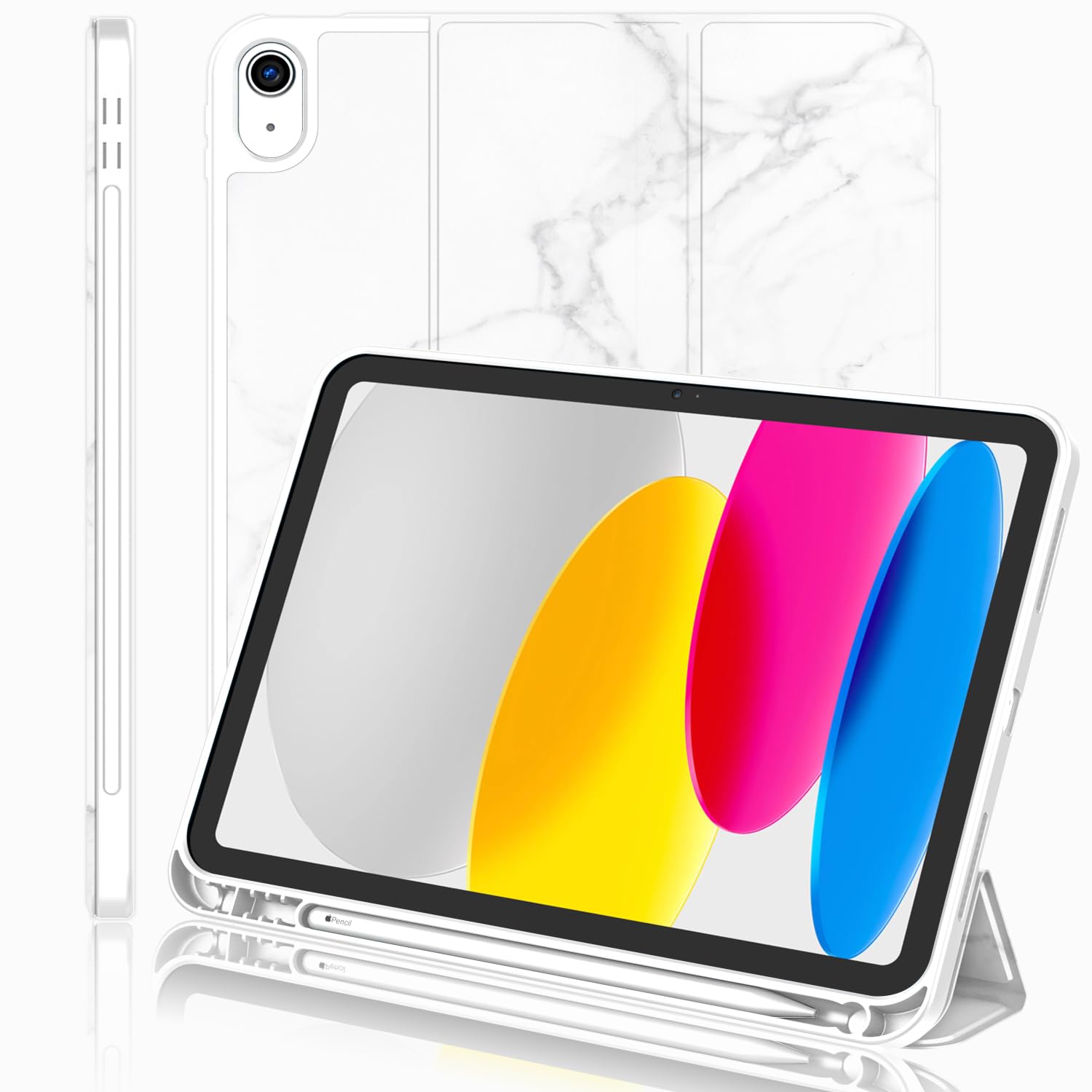 Imieet New Ipad 10Th Generation Case 2022 10.9 Inch With Pencil Holder, Trifold Stand Smart Case With Soft Tpu Back,Auto Wake/Sleep(New Marble White)