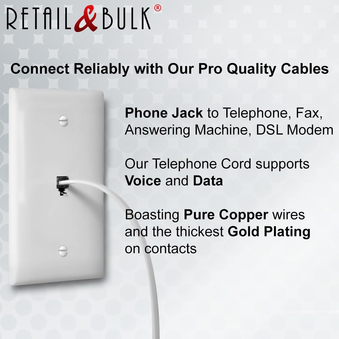 Retailandbulk (2 Pack) 2 Feet Telephone Cord, Professional Grade Made In Usa, 6P4C Male Rj11 Plugs With 50 Micron Gold Contacts,