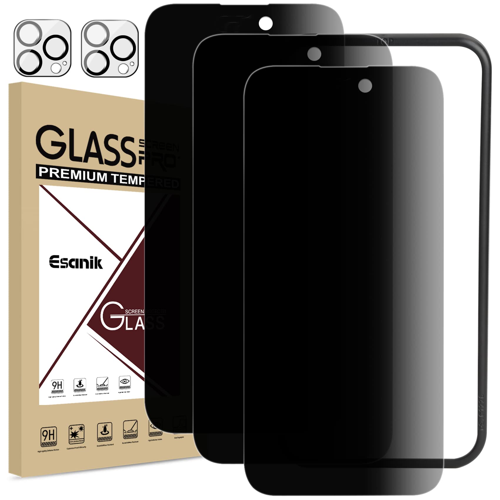 Esanik [3+2 Pack] Privacy Screen Protector for iPhone 14 Pro Max 6.7 Anti-Spy Tempered Glass + Camera Lens Protector, Installati