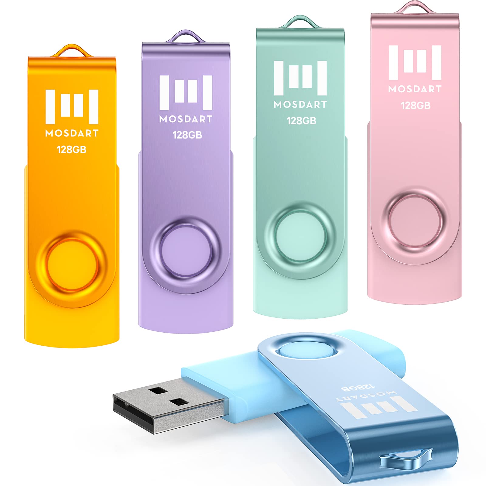 Mosdart 128Gb Usb Flash Drive 5 Pack, 128 Gb Multicolor Multipack Usb2.0 Thumb Drives, Swivel Design With Led Light, Exfat Jump 