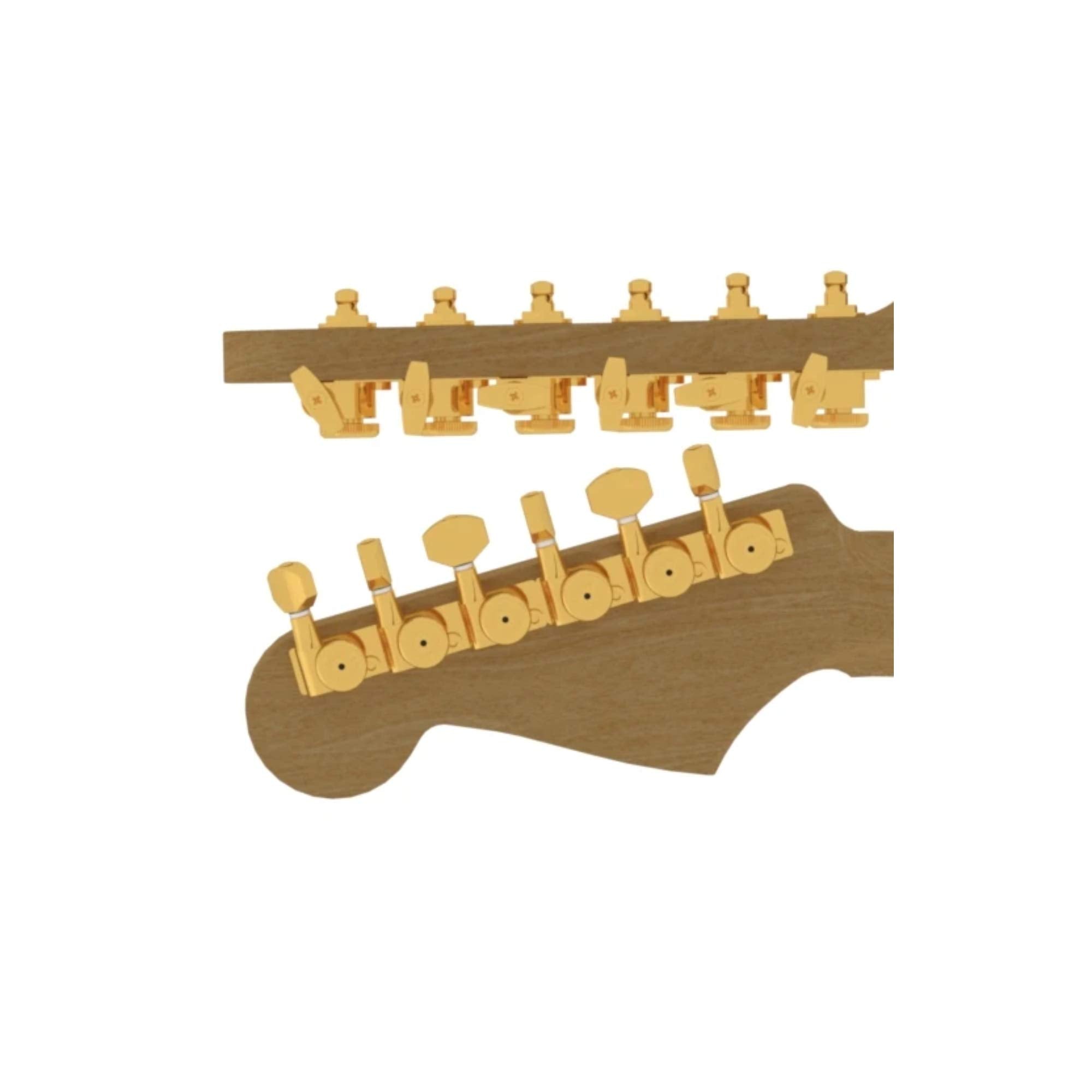 Hipshot Grip Lock Vintage 6 Inline Bass Side Staggered Closed 8.5Mm Tuners With Universal Mounting Plate, Gold
