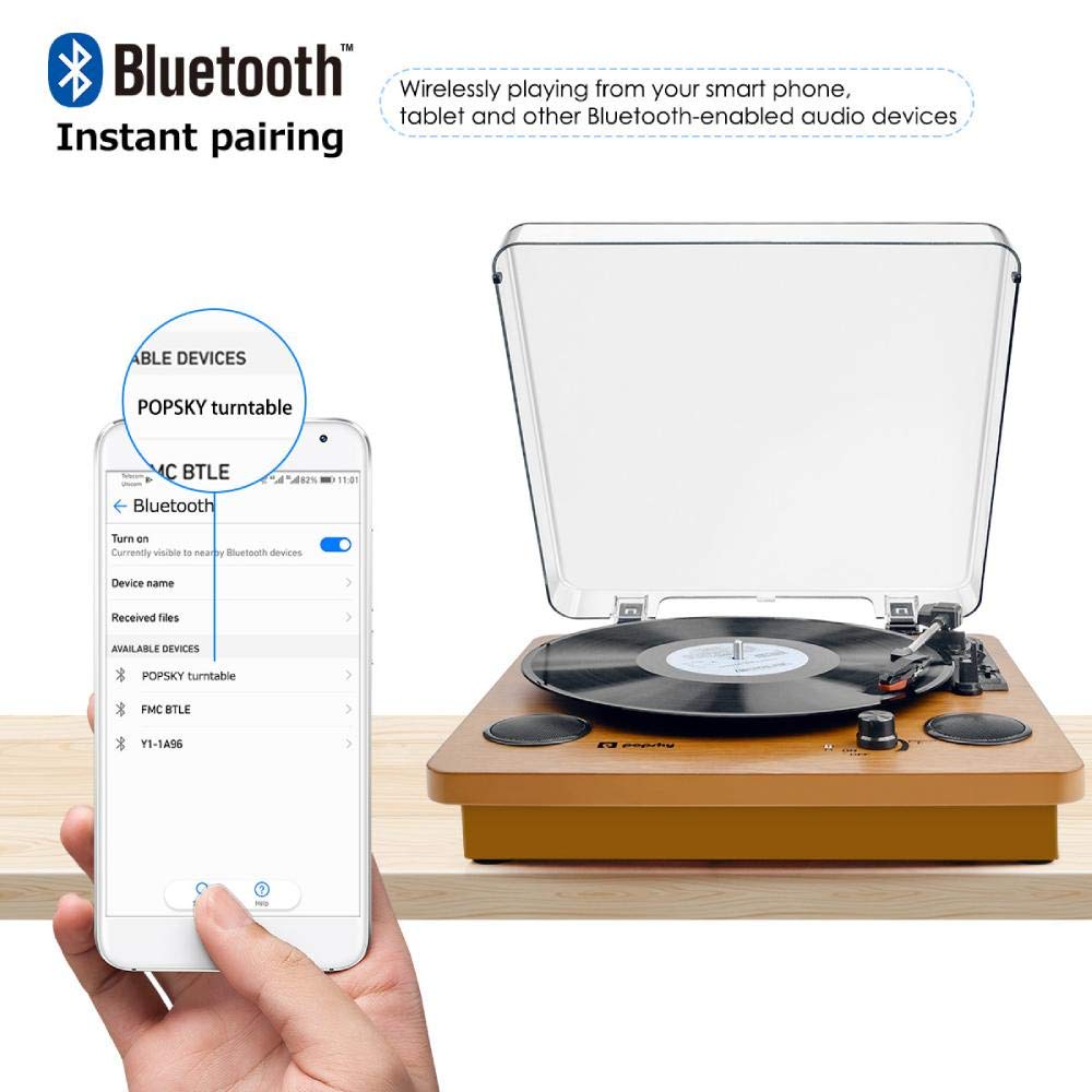 Record Player, Popsky 3 Speed Turntable Bluetooth Vinyl Record Player With Speaker, Portable Lp Vinyl Player, Vinyl To Mp3 Recor