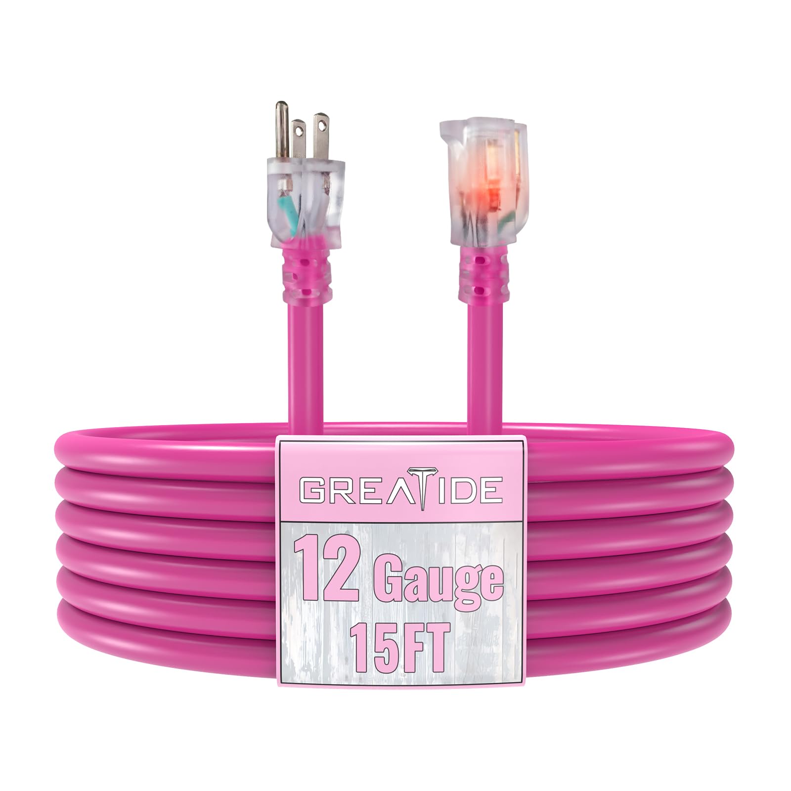 Greatide Outdoor Extension Cord With Lighted End, 12 Gauge Heavy Duty Extension Cord 15 Ft, 3 Prong Grounded 15 Amp Extension Co