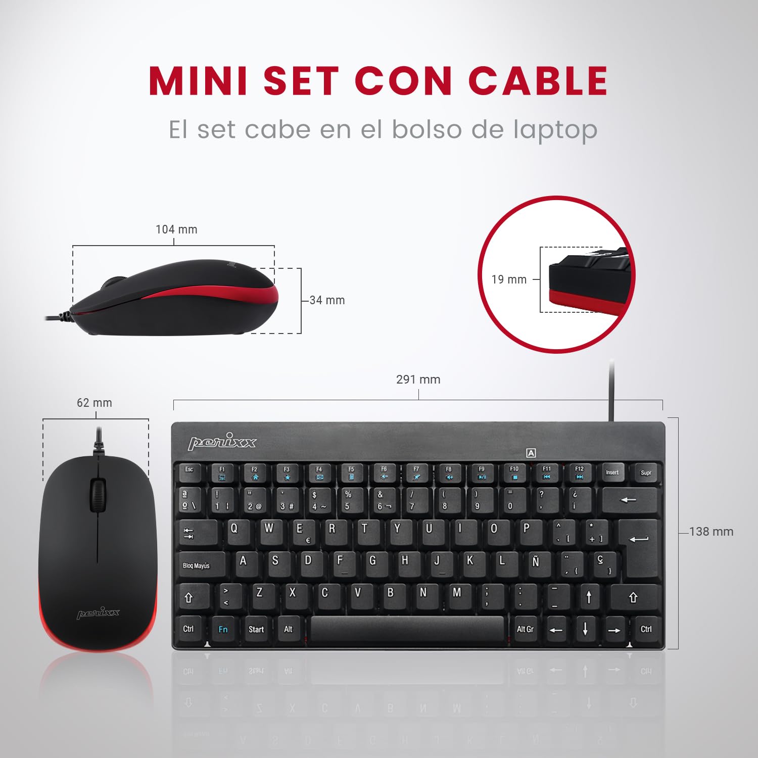 Perixx Periduo 212 Es Teclado Y Rat  N Pequeos Con Cable, 12 Teclas Multimedia, Negro, Configuraci  N Espaola