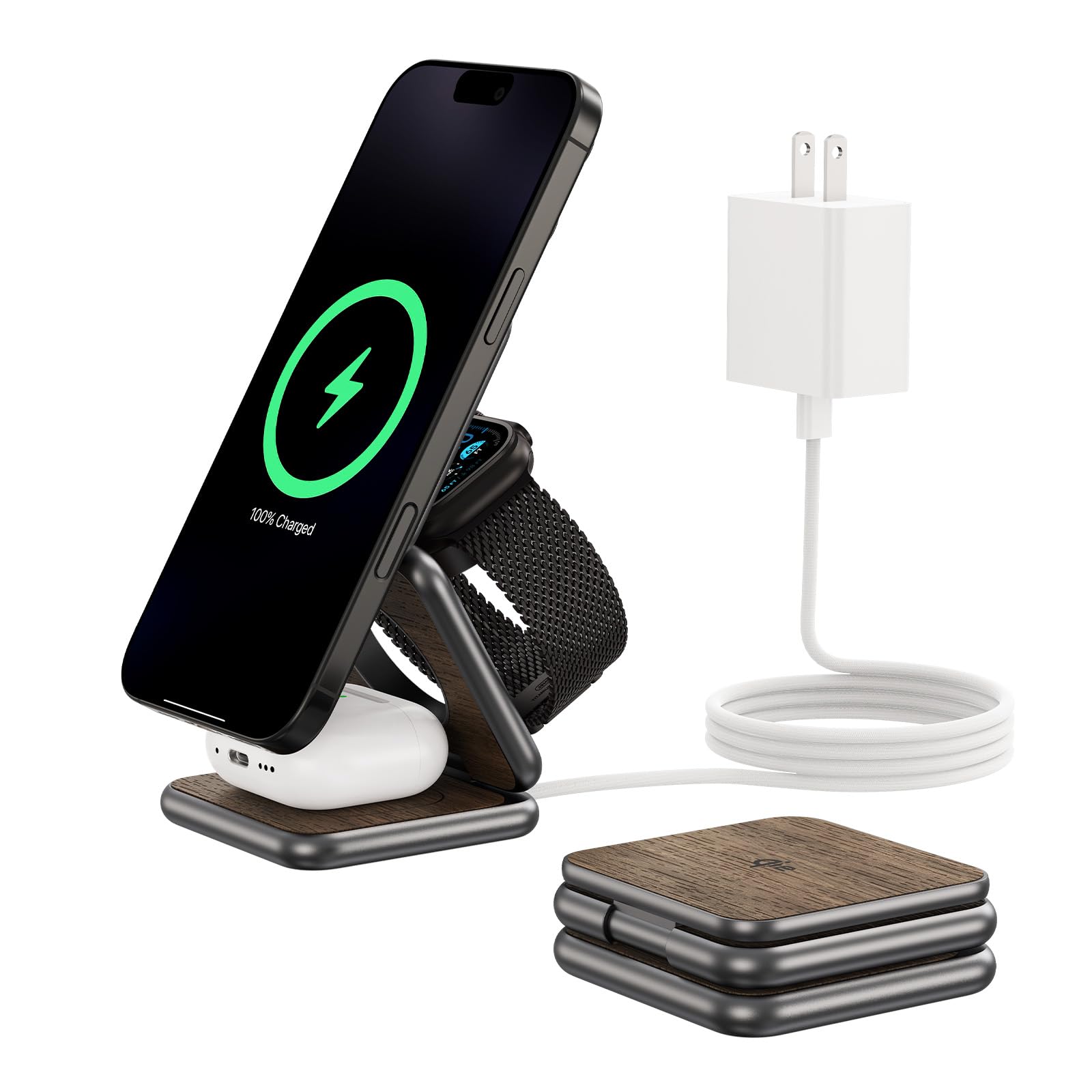 Ku Xiu X40Q Qi2 Certified 3-In-1 Wireless Charging Station, 15W Foldable Wireless Charger For Iphone 16/15/14/13/12, 5W Fast Cha
