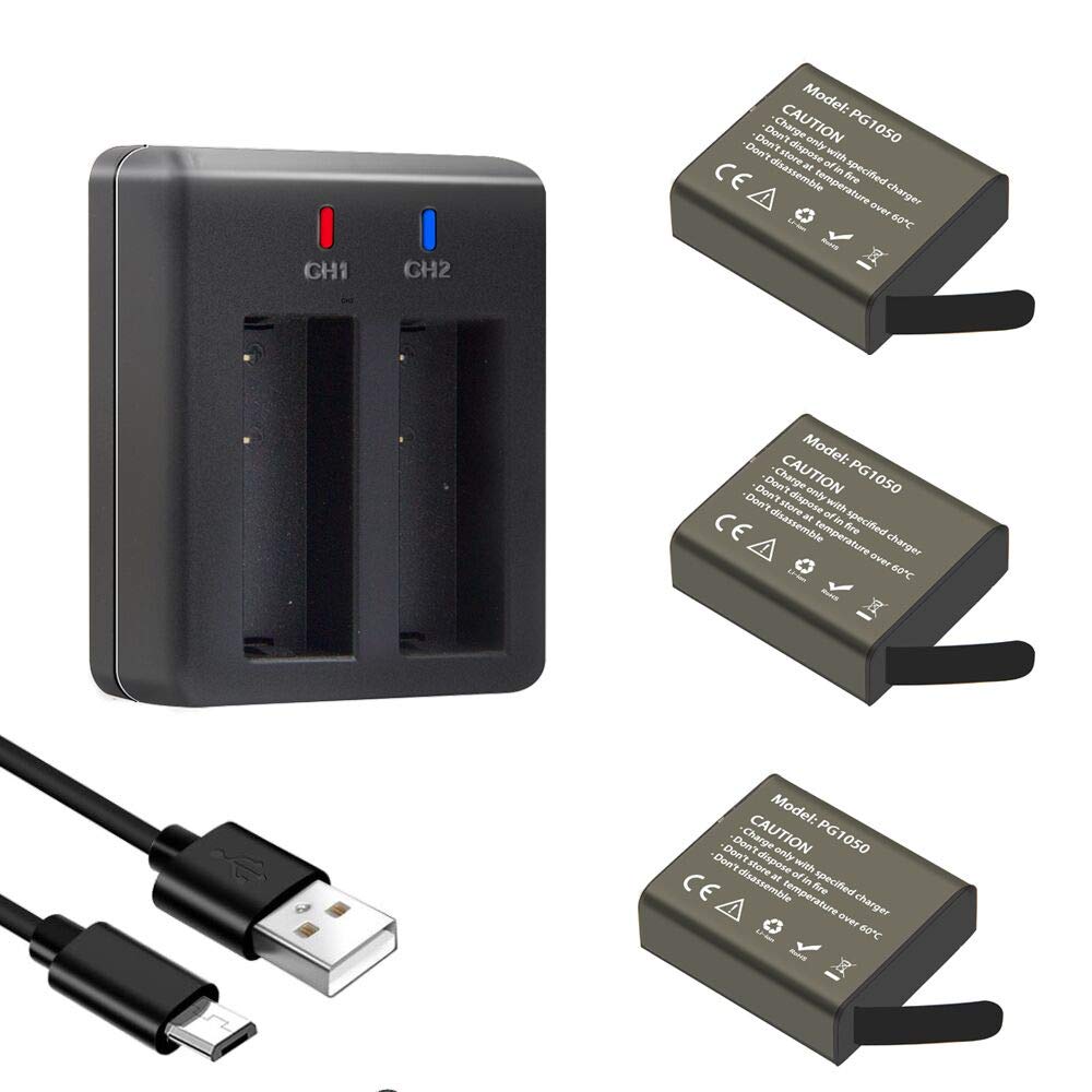 Pg1050 Action Camera Battery, 1050Mah Rechargeable Batteries (3 Pieces) With Usb Charger, Compatible With Akaso Ek7000/Apeman/Dr