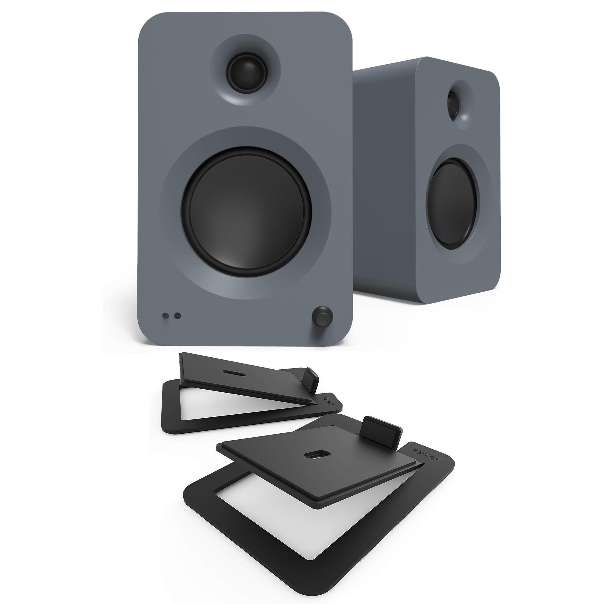 Kanto REN Grey Bluetooth Powered Bookshelf Speakers - Matte Grey Pair S6 Angled Desktop Speaker Stands for Large Speakers - Blac