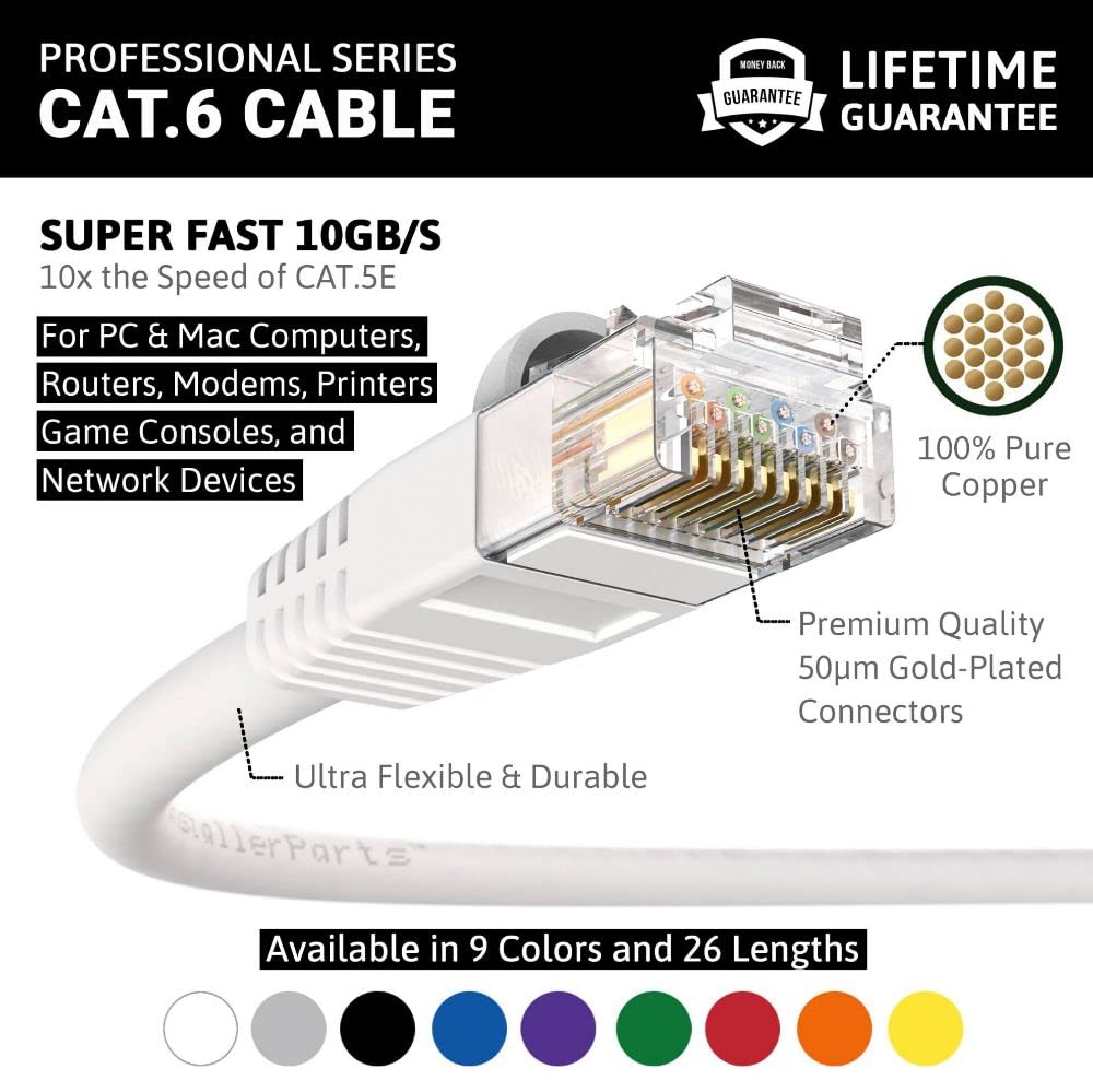 Installerparts Cat6 Cable Utp Booted [White]   [6 Ft]   [5 Pack]   Professional Series   10Gbps, Cat6 Patch Cable, Cat 6 Patch C
