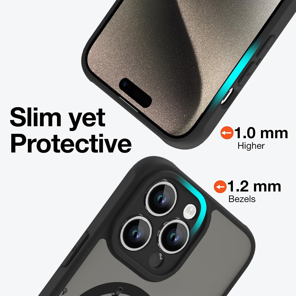 Ook Magnetic For Iphone 15 Pro Case [Compatible With Magsafe] Black Wild Flower Slim Translucent Matte Case Camera Lens Protecti