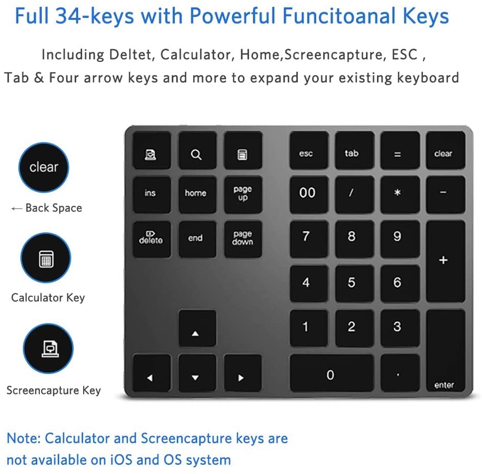 Joyeky Bluetooth Number Pad, Aluminum Rechargeable Numeric Keypad Wireless 34 Keys Number Keyboard Shortcut Keypad Numpad Data E