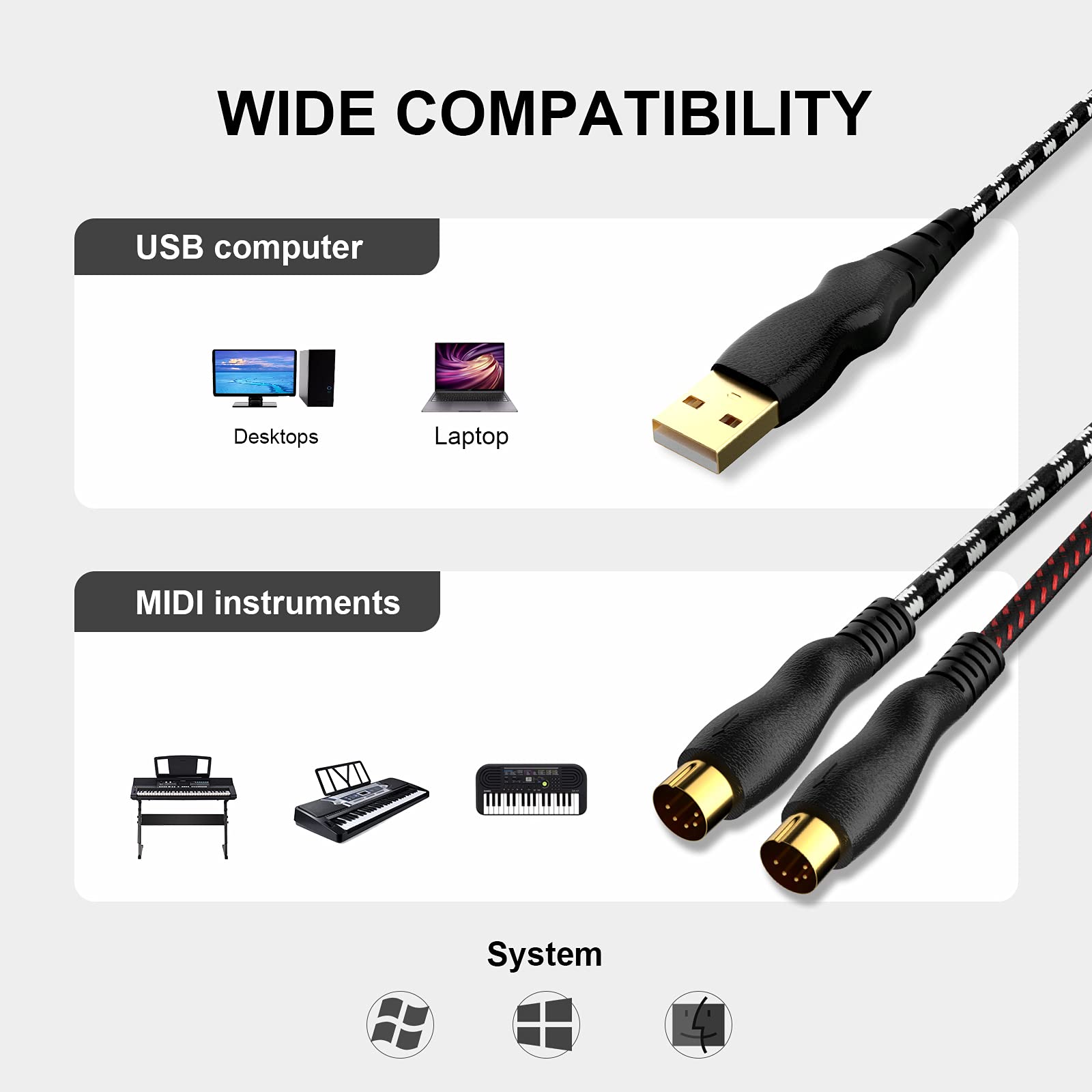 Nuosiya Usb To Midi Cable 6.5Ft, Usb Midi Interface Adapter,Midi To Usb Cable Converter For Music Keyboard Piano To Pc Mac Lapto