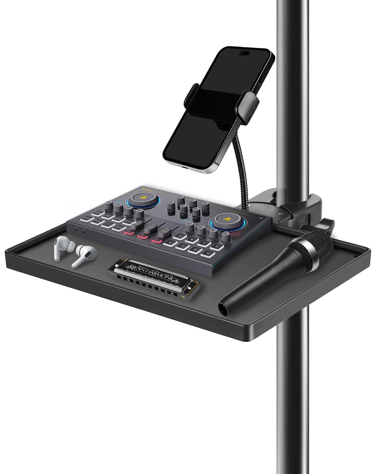 BILIONE Mic Stand Tray with Gooseneck Phone Holder, 10.6 X 7.8 Microphone Stand Tray Crab Clamp On Music Stand Floor Shelf Pole 
