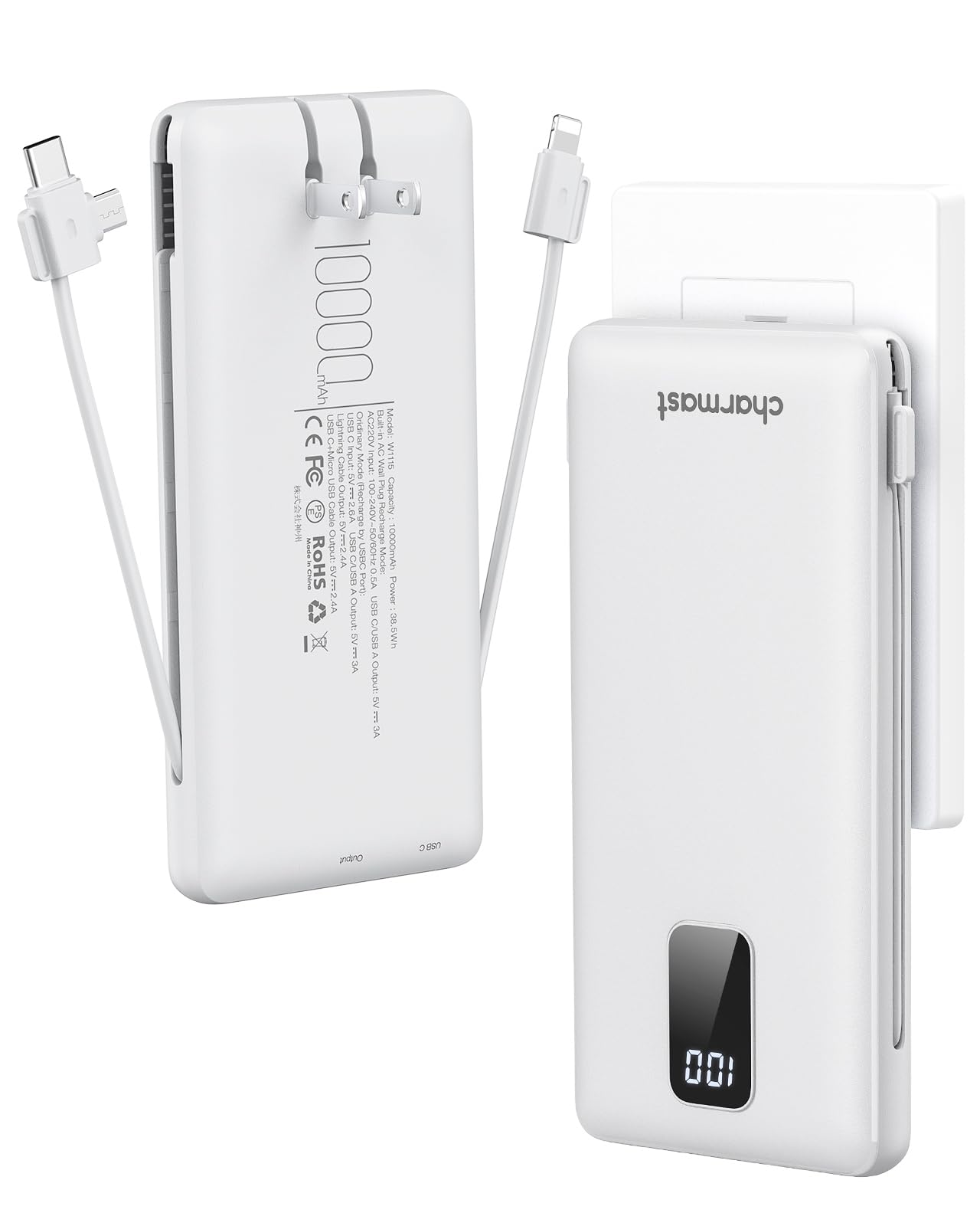 Charmast Portable Charger With Built In Cables And Plug, 10000Mah Usb C Power Bank Fast Charging 15W, External Battery Pack Slim