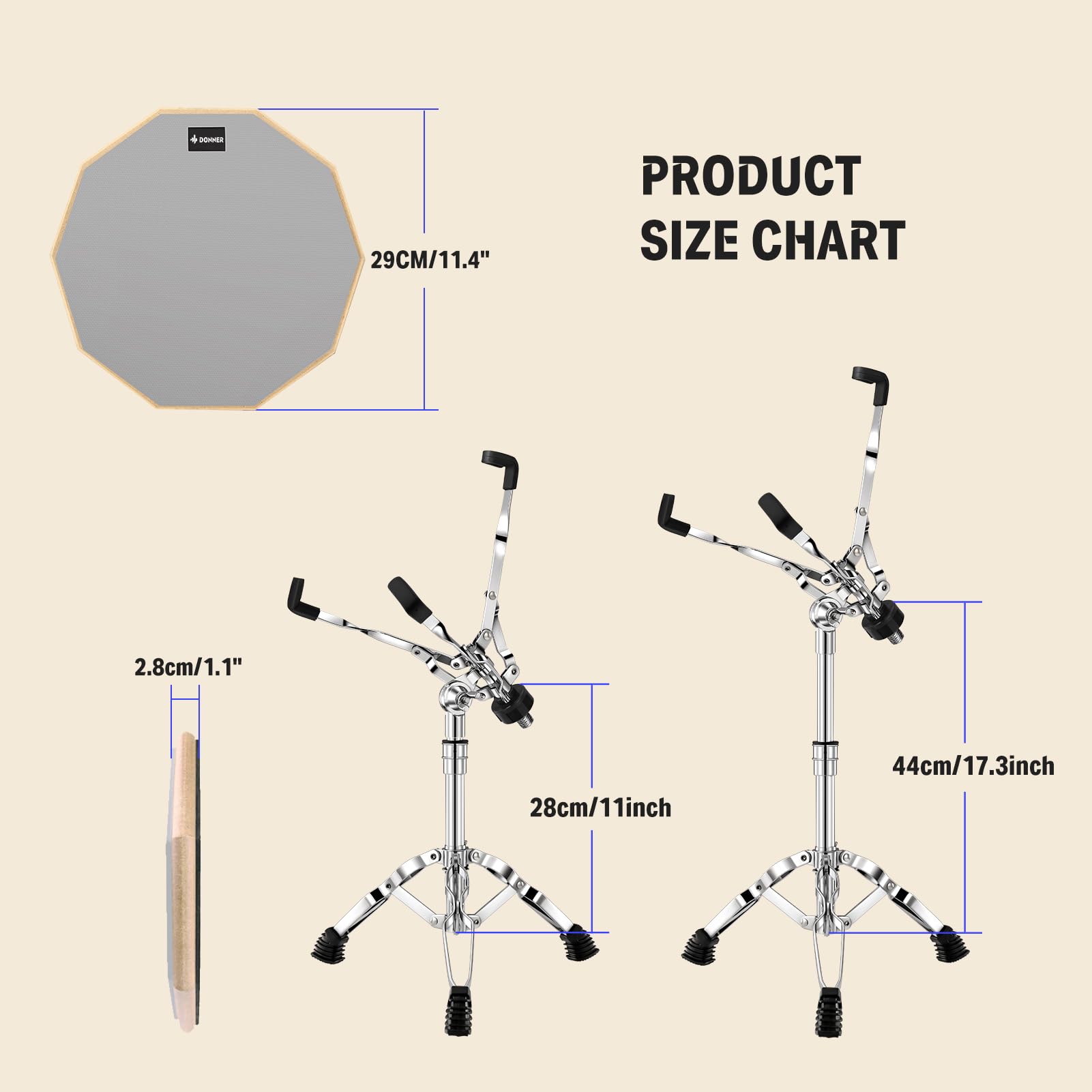 Donner Snare Drum Stand Set With Drum Practice Pad, 12 Double-Sided Silent Drum Pad Set, Drumsticks, Backpack Adjustable Stand