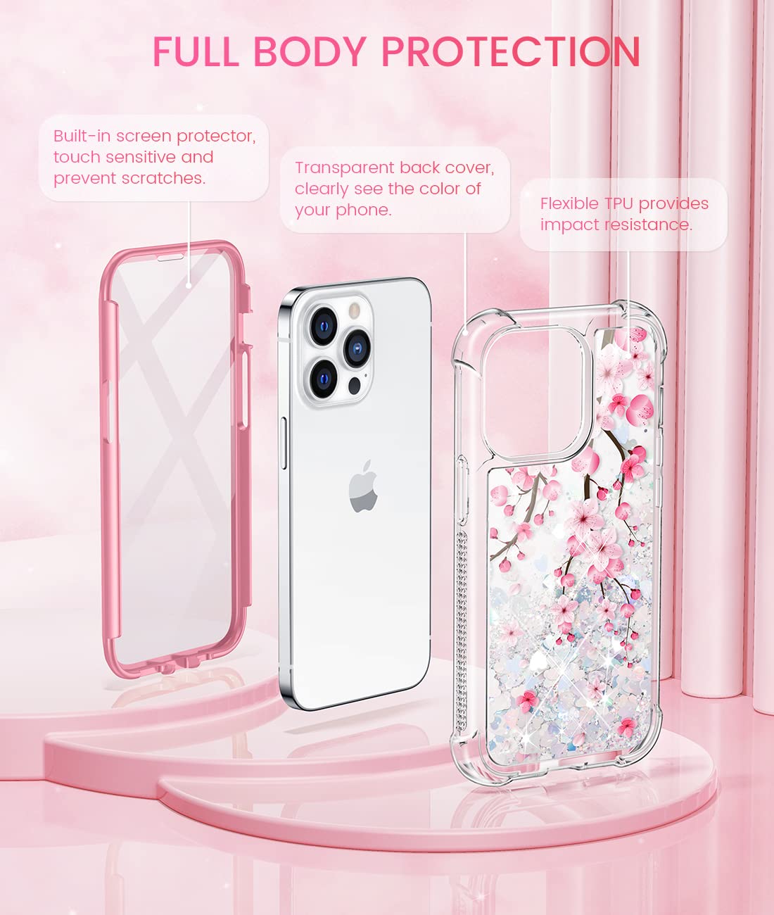 Caka Compatible For Iphone 13 Pro Max Case For Girls Women Glitter Flower Bling Liquid Sparkle With Screen Protector Flowing Qui