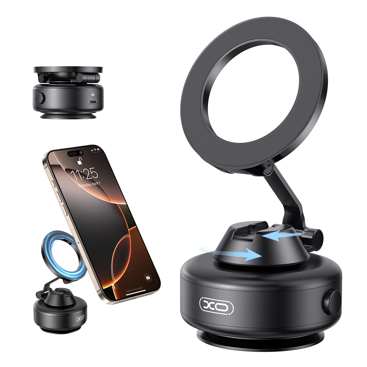Xo Simple Is Beauty Electric Magnetic Car Phone Holder, 360 Rotation Vacuum Suction Cellphone Mount Foldable Car Mount Stand For
