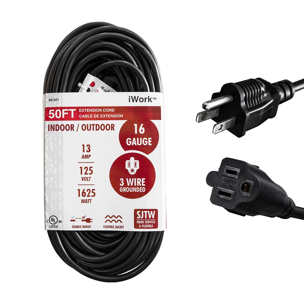 Iwork 50 Ft Black Extension Cord 3 Prong, Weather Resistant 16/3 Sjtw, 1625 Watt, 13 Amp Rating With Ul Listed For Indoor And Ou