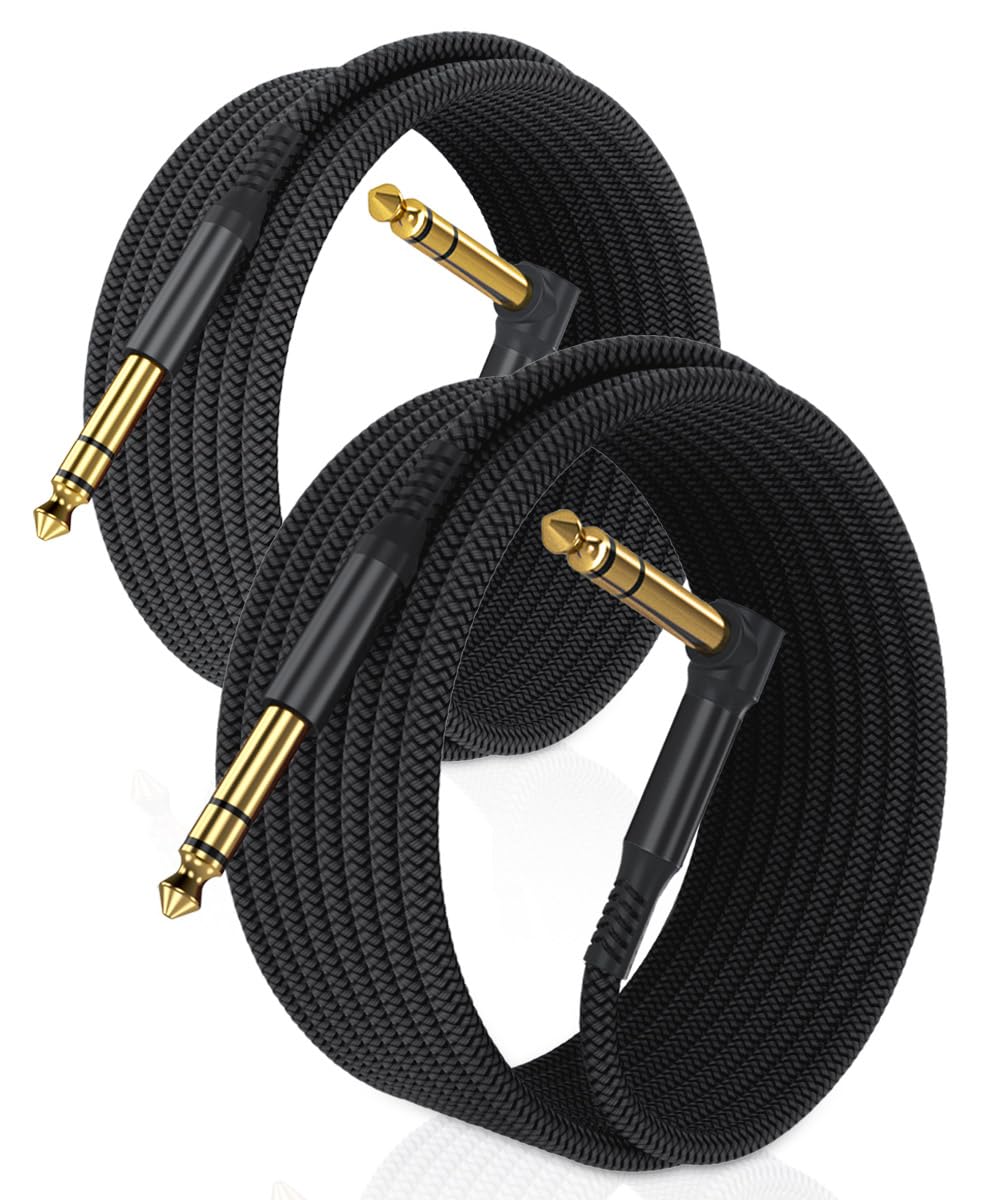6.35Mm Trs Instrument Cable 20Ft 2 Pack,Right Angle 90 Degree 1/4 Inch Male Jack Stereo Audio Cord,6.35 Balanced Line Lead For E