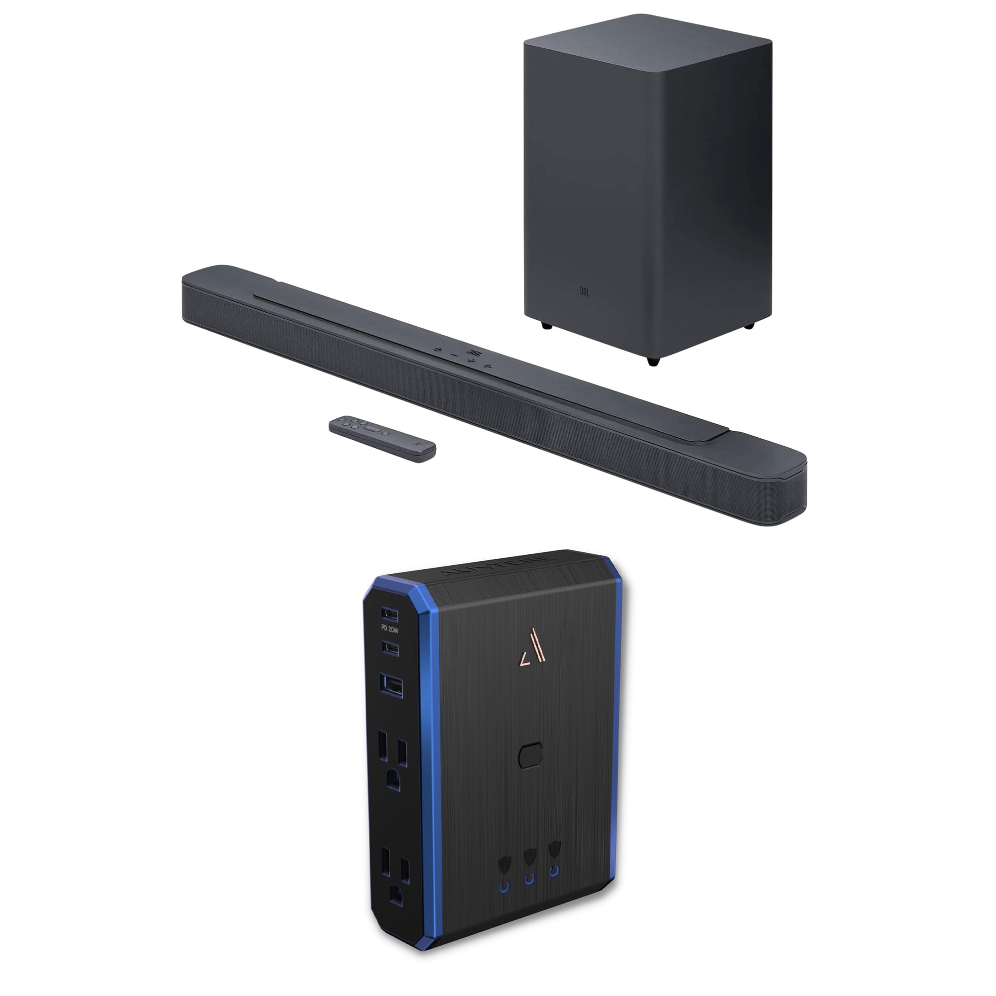 JBL BAR-2-1-DEEP-BASS-MK2 2.1ch Soundbar and Subwoofer with Dolby Digital and an Austere 5S-PS4-US1 4-Outlet Power with Omniport