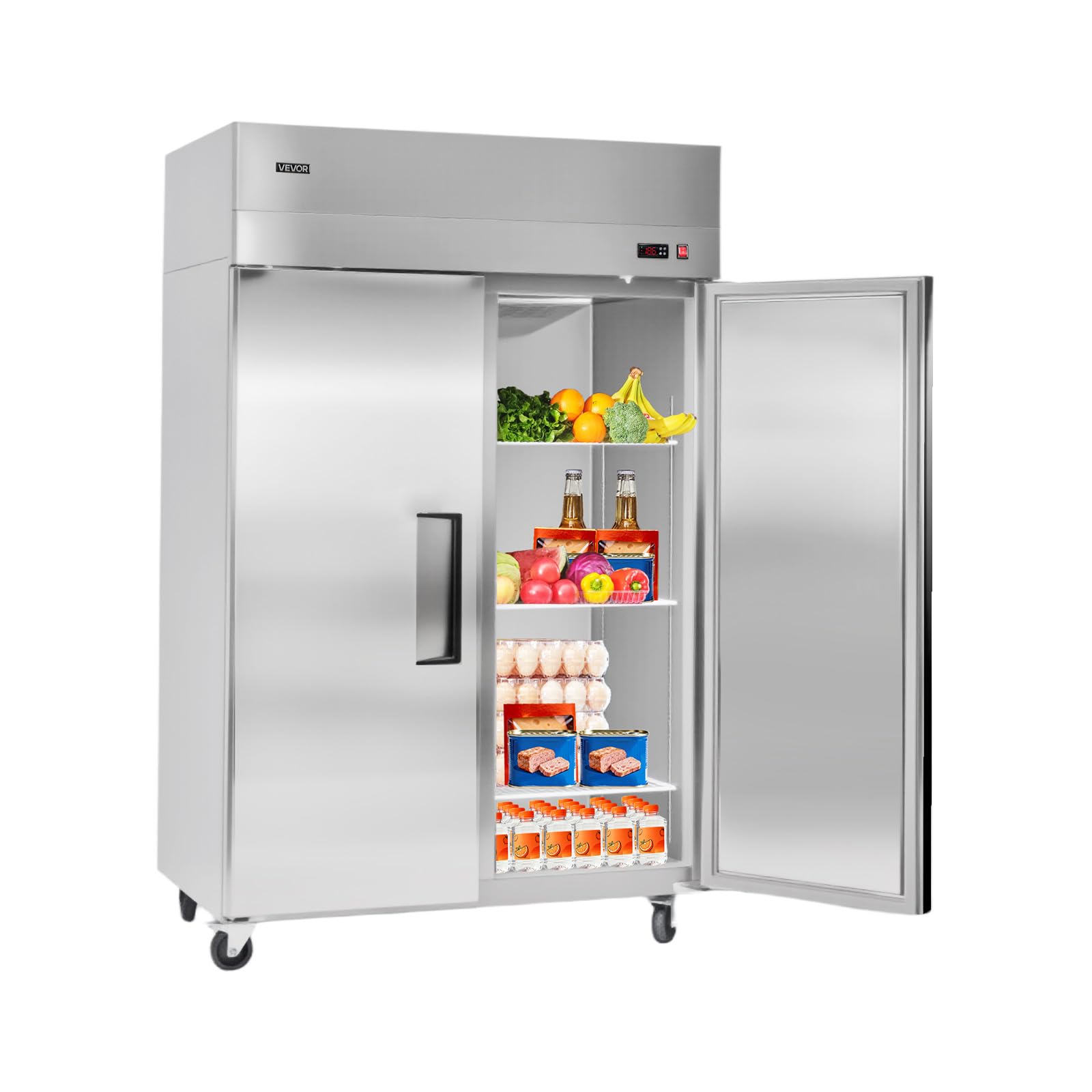 VEVOR Commercial Reach-In Refrigerator 48 W, 33 Cu.Ft Stainless Steel Upright Refrigerator with Double Glass Doors, Auto-Defrost