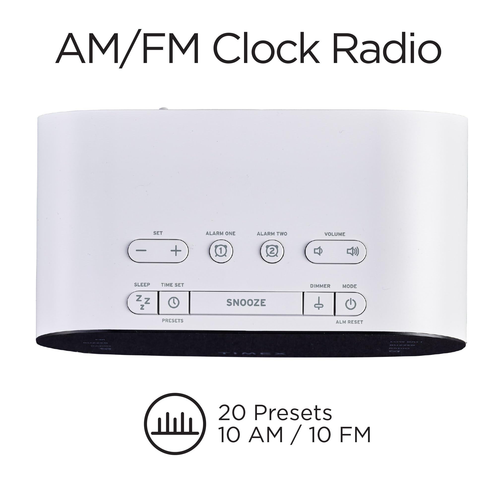 Timex Alarm Clock With Am/Fm Radio And 20 Station Presets, Digital Clock Radio With Dual Alarms, Programmable Timer, Snooze, Aux