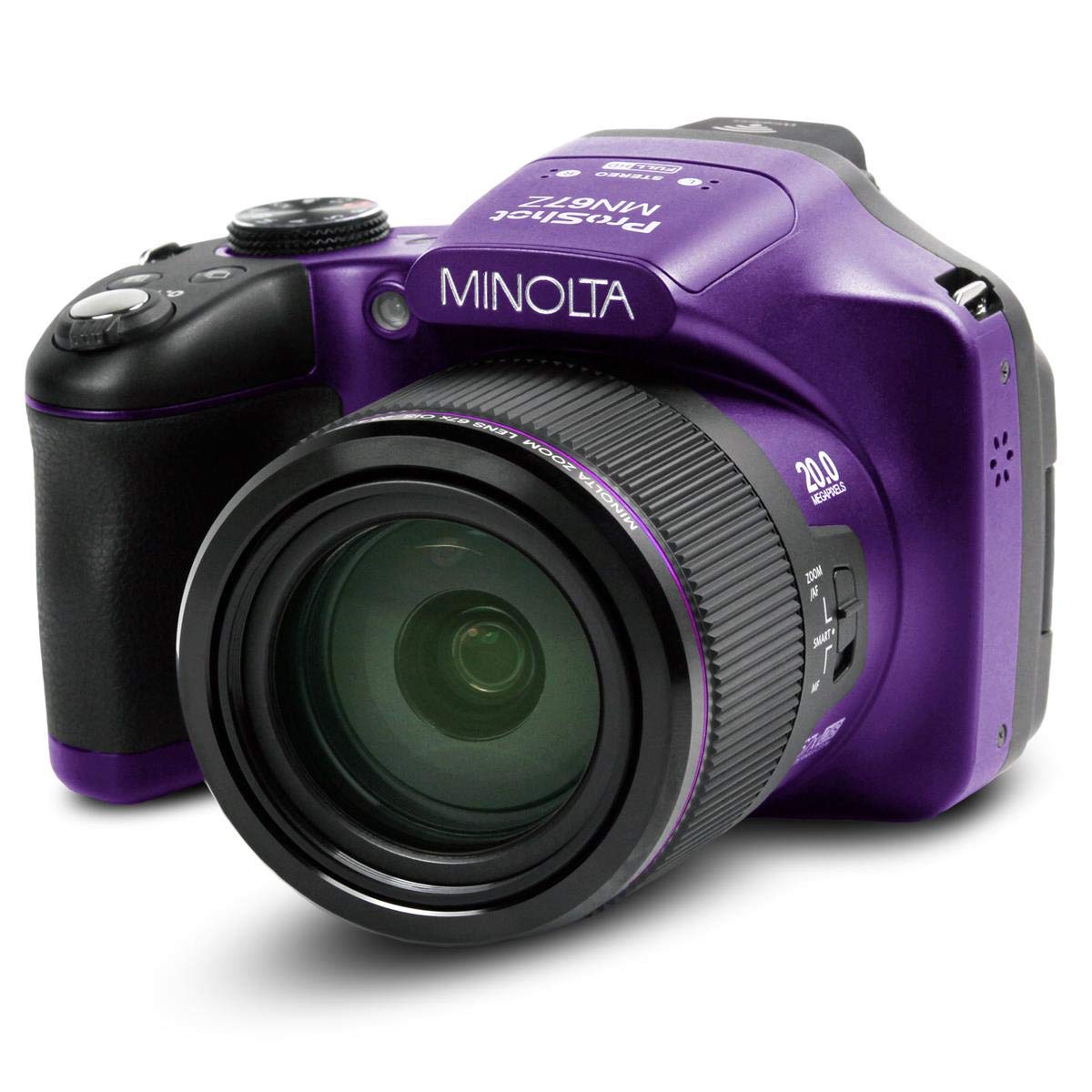 Minolta Pro Shot 20 Mega Pixel HD Digital Camera with 67x Optical Zoom, Full 1080p HD Video & 16GB SD Card (Purple)