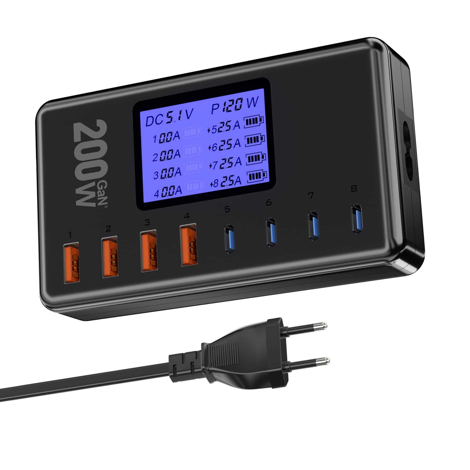 USB Charging Station, layajia 200W 8-Port Charging Station for Multiple Devices, USB-C PD Fast Charging Desktop Charger, USB Cha