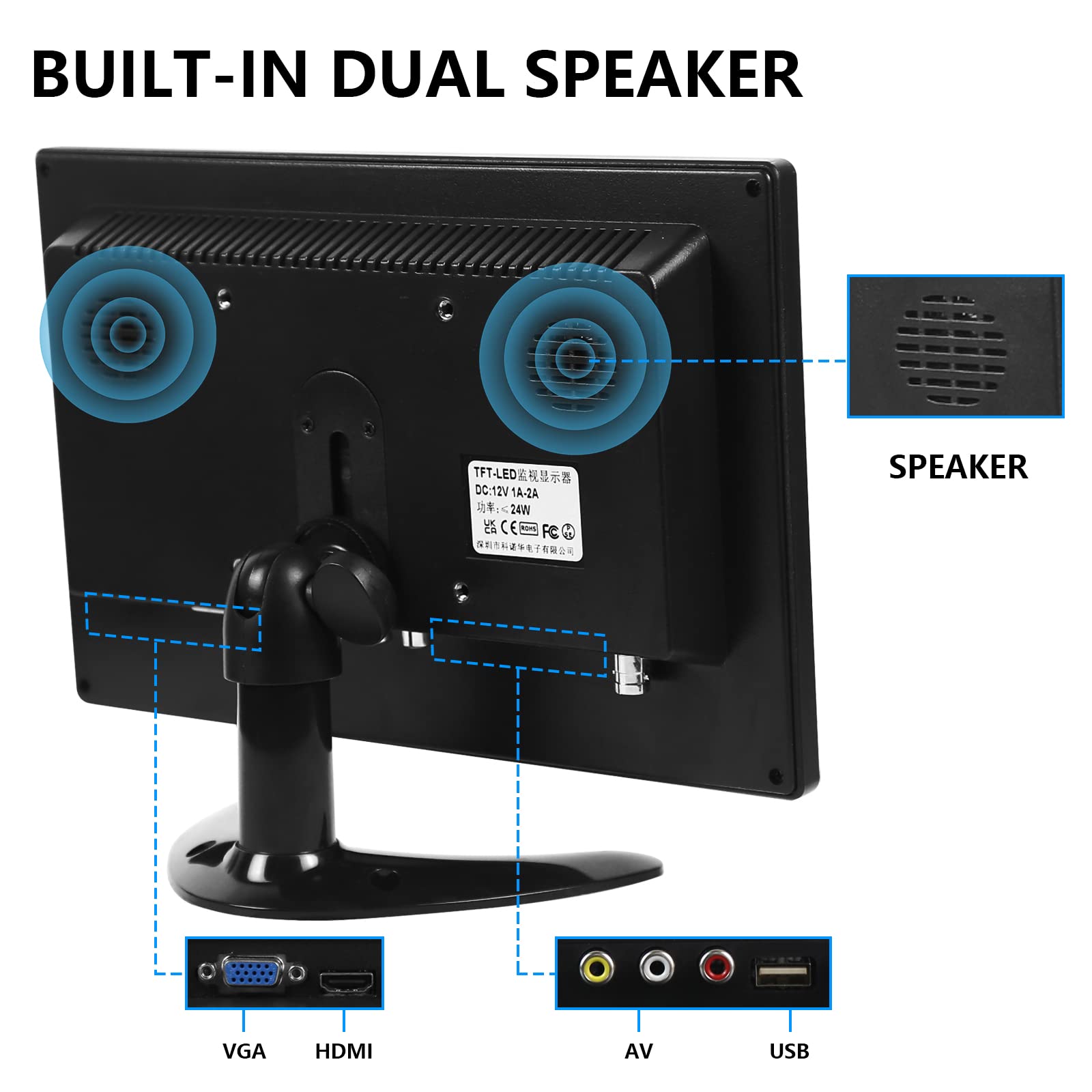 10.1 Inch Small Monitor, Raspberry Pi Monitor Built In Speakers, Mini Monitor 1280 X 800, Hdmi Monitor 60 Hz, 3Ms, Ips Screen Di