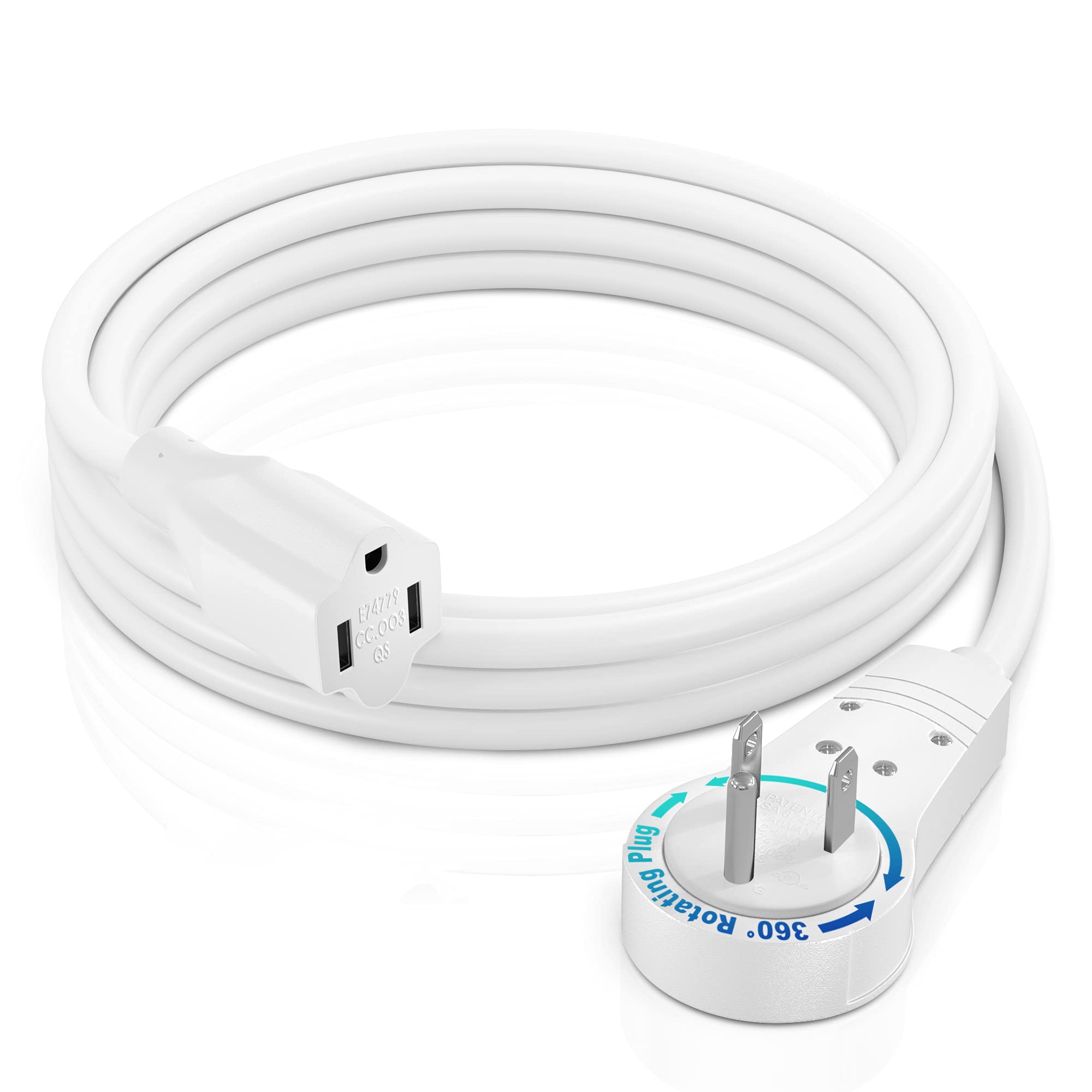 Maximm Extension Cord 5 Feet White Flat Plug, 360? Rotating Short Power Cord Single Outlet, Indoor 16 Gauge 3 Prong Grounded Wir