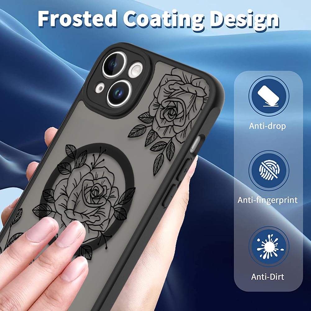 Ook Magnetic For Iphone 14 Plus Case Black Flower Floral Pattern [Compatible With Magsafe] Slim Translucent Matte Camera Lens Pr