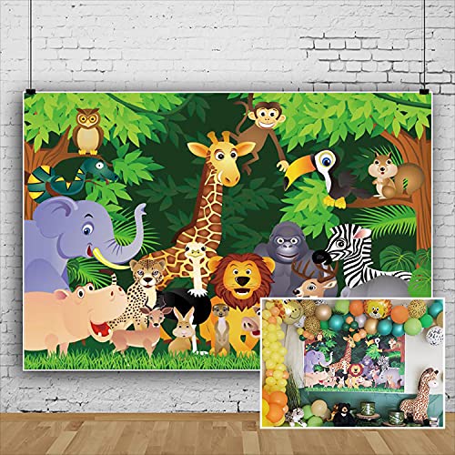 Csfoto 5X3Ft Wild Animals Safari Party Backdrop Forest Cartoon Giraffe Lion Elephant Jungle Theme Backdrop Monkey Birthday Backd