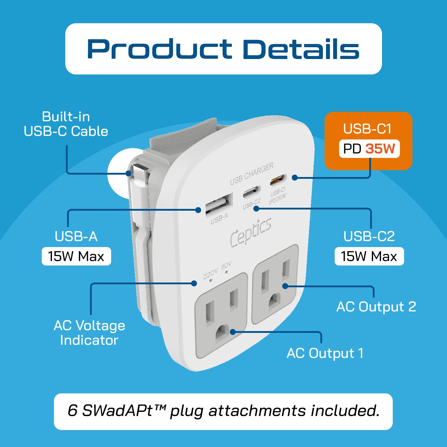Ceptics Universal Travel Adapter Kit - 2 Usb, Usb-C Cord+2 Us Outlets Qc 3.0, Surge Protection, Plugs For Europe, Uk, China, Aus