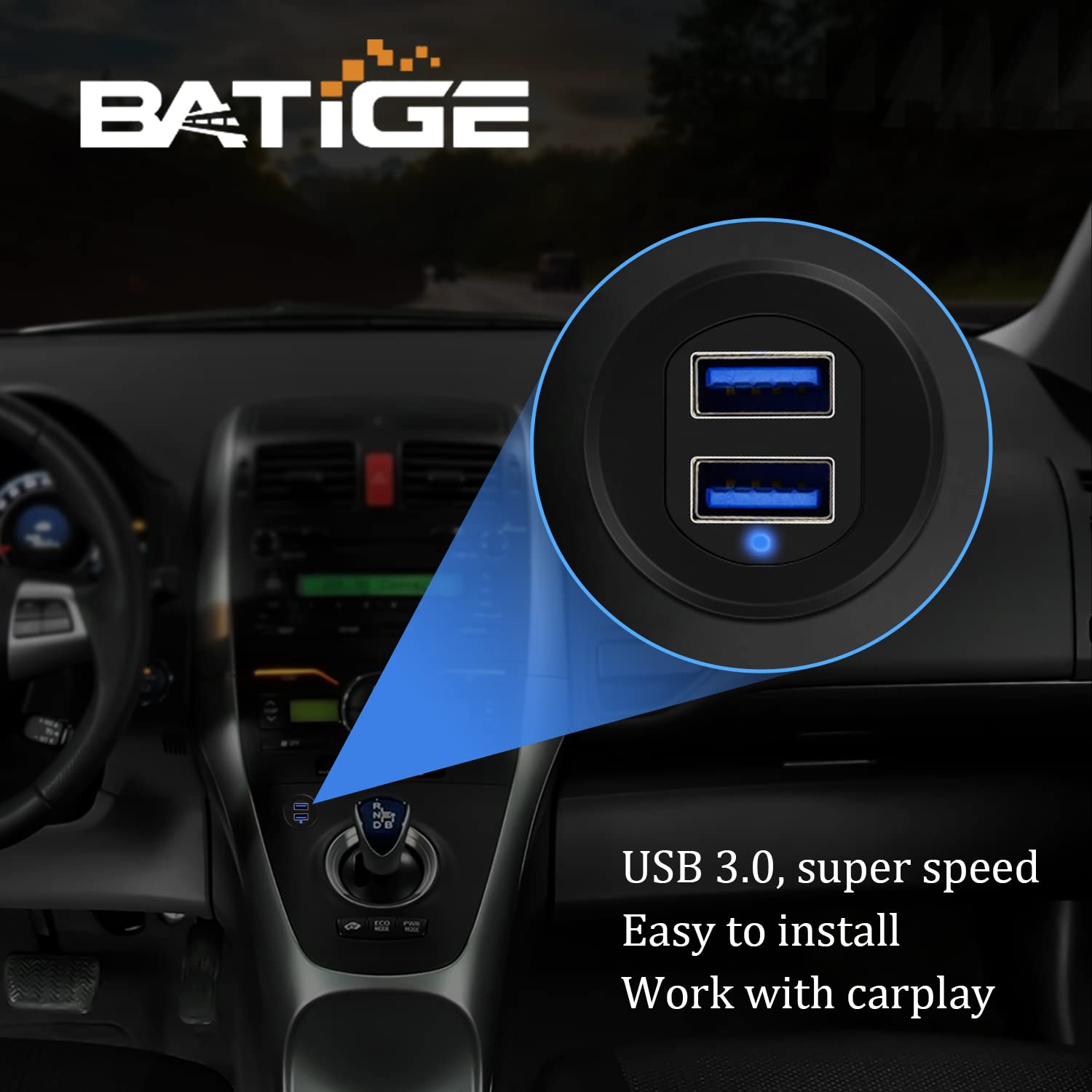 Batige Alloy Dual Port Usb 3.0 Car Dashboard Flush Mount Cable, Male To Female With Led Indicator Extension Cable For Car Truck Boat Motorcycle Dashboard Panel 1Ft