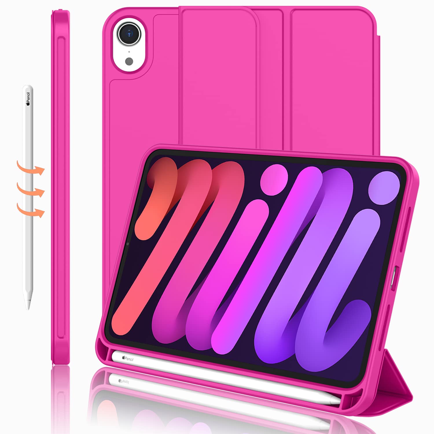 Imieet Ipad Mini 7 Case 2024 (A17 Pro), Ipad Mini 6 Case (8.3 Inch,2021 Model), Ipad Mini 7Th/6Th Generation Case With Pencil Holder, Trifold Stand Smart Case With Soft Tpu Back,Rose Red