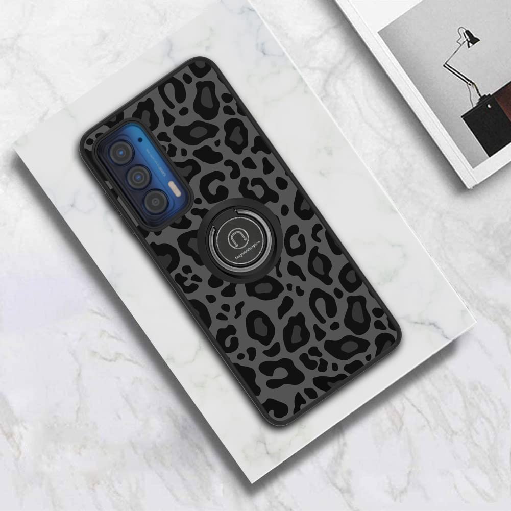 KANGHAR Moto Edge 2021 Leopard Phone Case Shockproof TPU PC Kickstand Ring Holder Black