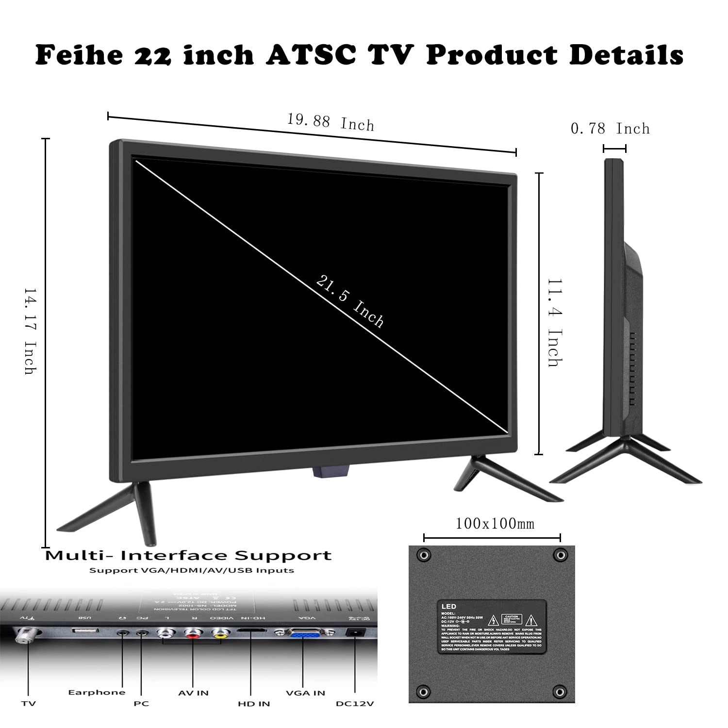 Feihe 22 Inch Tv, Fhd Led Flat Screen Tv 1080P Ips Display W/Digital Dual Tuners Atsc/Hdmi/Vga/Av/Usb, 12 Volt Rv Tv Suitable Fo