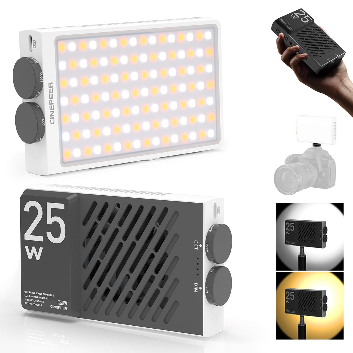 Zhiyun Cinepeer Cm25 25W Led Video Light, Pocket-Sized Mini Portable Photography Light On Camera, Dimmable 2700K-6200Kcri=96Tlci